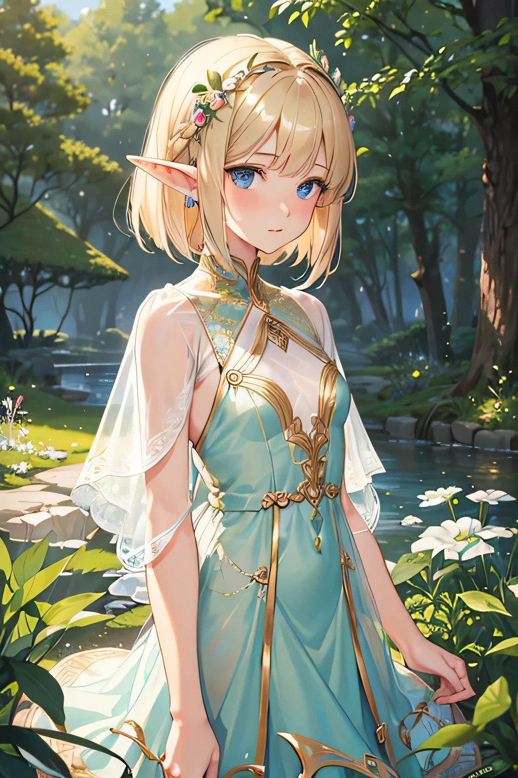 master piece,best quality,ultra-detailed,1girl,yo,blonde hair,short bob,straight hair,diagonal bangs,small breasts,blush,break,blue eyes,upper body,(elf:1.2),forest,looking at viewer,from side,(elven see-through dress),break,green dress