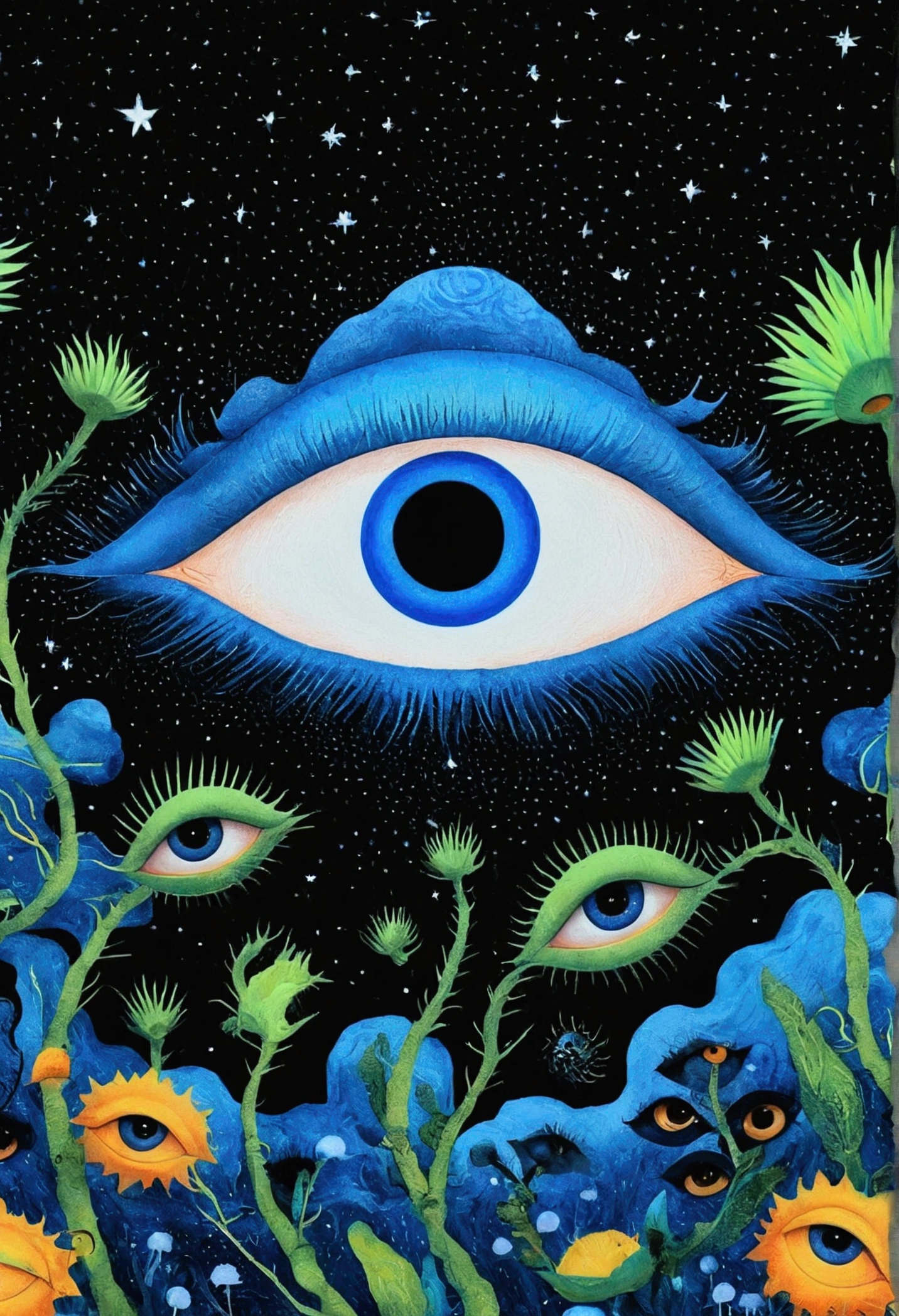 Psychedelic Art。plant、Marine Life、(((Charming eyes，The Third Eye)))、cloud、Starry Sky，galaxy、planet、Stitching together an abstract painting，Describing the inner world of autistic people，Sense of space，blank，White space，Pointillism method，Childish lines，Klein blue，assimilate into(van gogh)Art style，Colorful black