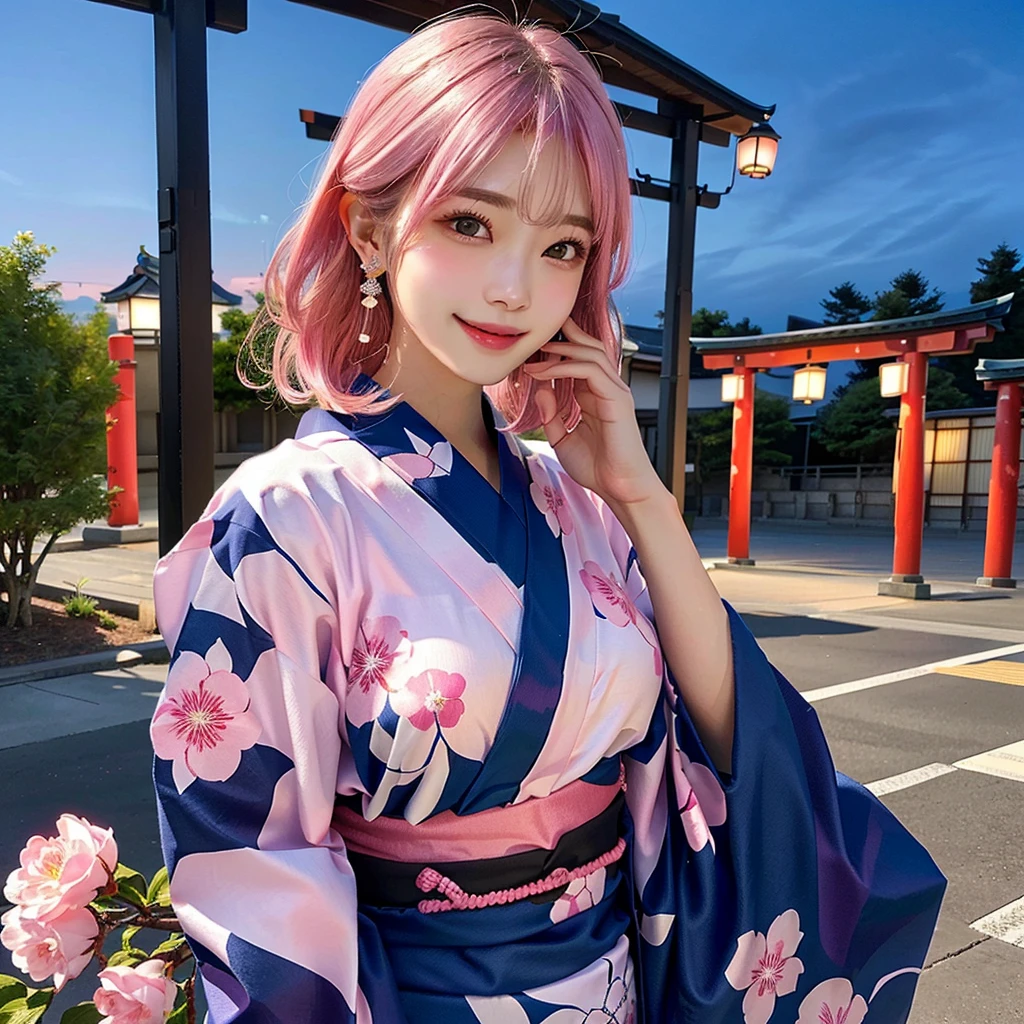 Earrings, masterpiece, Pink Hair, Large Breasts, Blushing, tooth, Aperture value F1.8, whole body、Gravure pose、Open your mouth, Standing pose、whole body見して、Open yukata、Realistic、超Realistic、Make the skin more realistic、Textured skin, night、Japanese festival yukata date、Crinkled smile、With cotton candy
