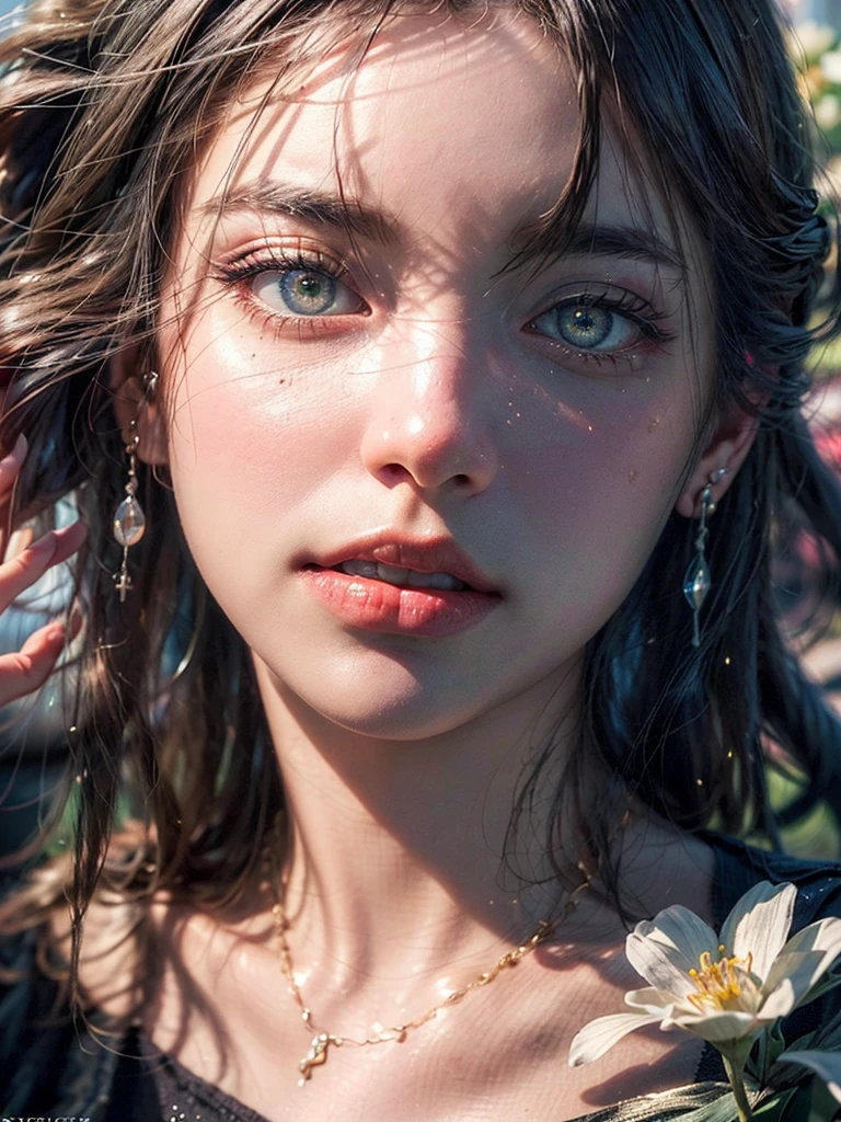 WLOP detailed beautiful face and eyes, rouge at the outer corner of the eye, lipstick, eyeshadow, long hair, glowing flowers creeping up neck, ear piercing with chain, collarbone, close shot, oil painting,unparalleled masterpiece, ultra realistic 8k CG,masterpiece,pov,(delicate photograph,ultra_detailed,16k,raw photo:1.3),(realistic:1.9,photorealistic:1.9), beautiful detailed eyes,