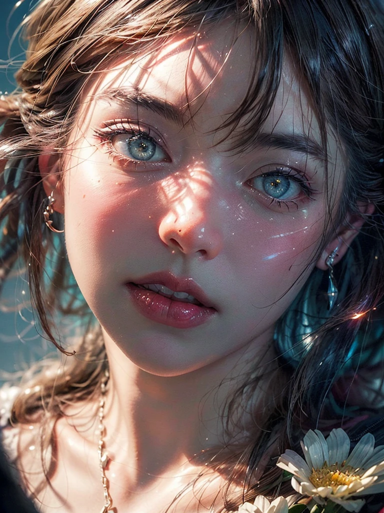 WLOP detailed beautiful face and eyes, rouge at the outer corner of the eye, lipstick, eyeshadow, long hair, glowing flowers creeping up neck, ear piercing with chain, collarbone, close shot, oil painting,unparalleled masterpiece, ultra realistic 8k CG,masterpiece,pov,(delicate photograph,ultra_detailed,16k,raw photo:1.3),(realistic:1.9,photorealistic:1.9), beautiful detailed eyes,