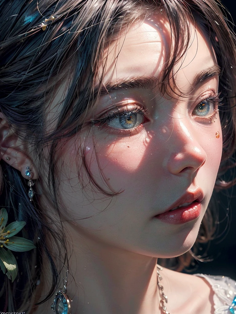 WLOP detailed beautiful face and eyes, rouge at the outer corner of the eye, lipstick, eyeshadow, long hair, glowing flowers creeping up neck, ear piercing with chain, collarbone, close shot, oil painting,unparalleled masterpiece, ultra realistic 8k CG,masterpiece,pov,(delicate photograph,ultra_detailed,16k,raw photo:1.3),(realistic:1.9,photorealistic:1.9), beautiful detailed eyes,