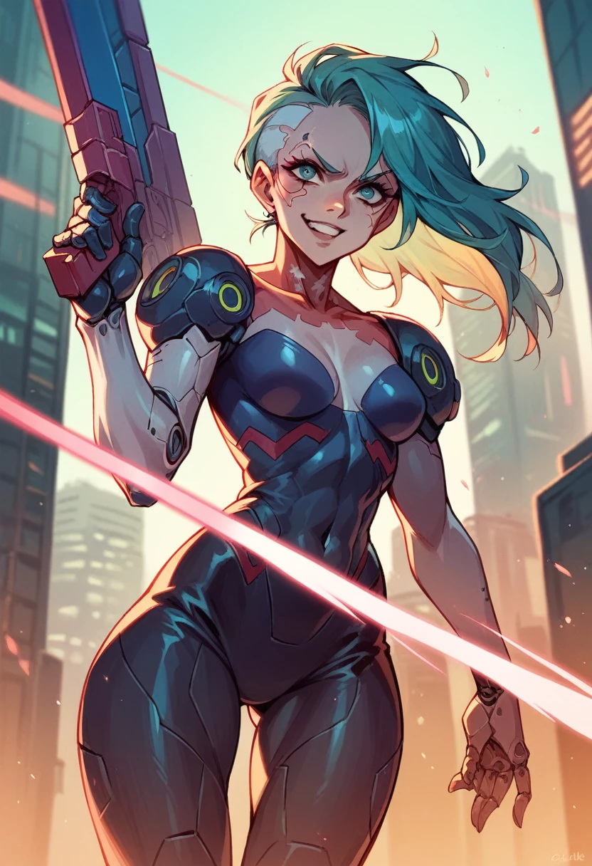 Cyberpunk cityscape、Cyborg woman with a laser sword、Battle with enemy robots