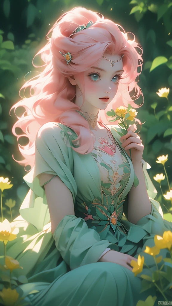 red haired woman with dandelions on her head holding flower, 1girl, solo, flower, holding flower,(risheirmgardweitzner,pink_hair,aqua_eyes,:1.2), 