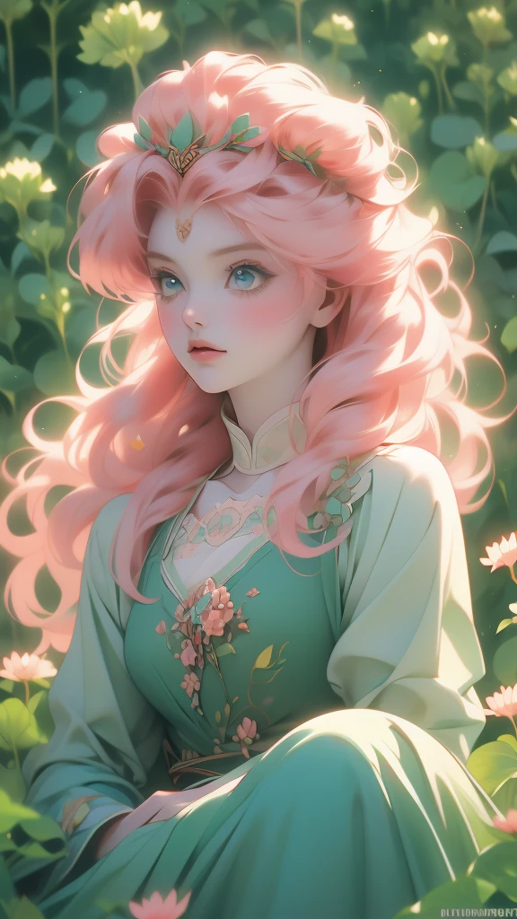red haired woman with dandelions on her head holding flower, 1girl, solo, flower, holding flower,(risheirmgardweitzner,pink_hair,aqua_eyes,:1.2),