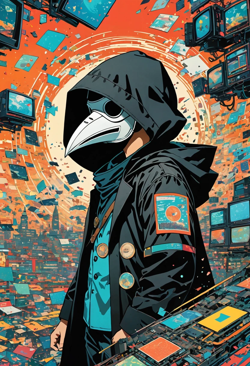 (masterpiece, best quality:1.1), (ultra highres, ultra-detailed:1.2),pop-art,flatcolor, woodblock print collage depicting, boys floating as he is surrounded by various monitor symbols,Cyber information is flying around, collage art, contemporary artistic collage,(outline),BREAK chibi-boys,(male Mad-scientist),(wearing plague-doctor costume,white beak-mask),black hood,black lab-coat, mecha arm,