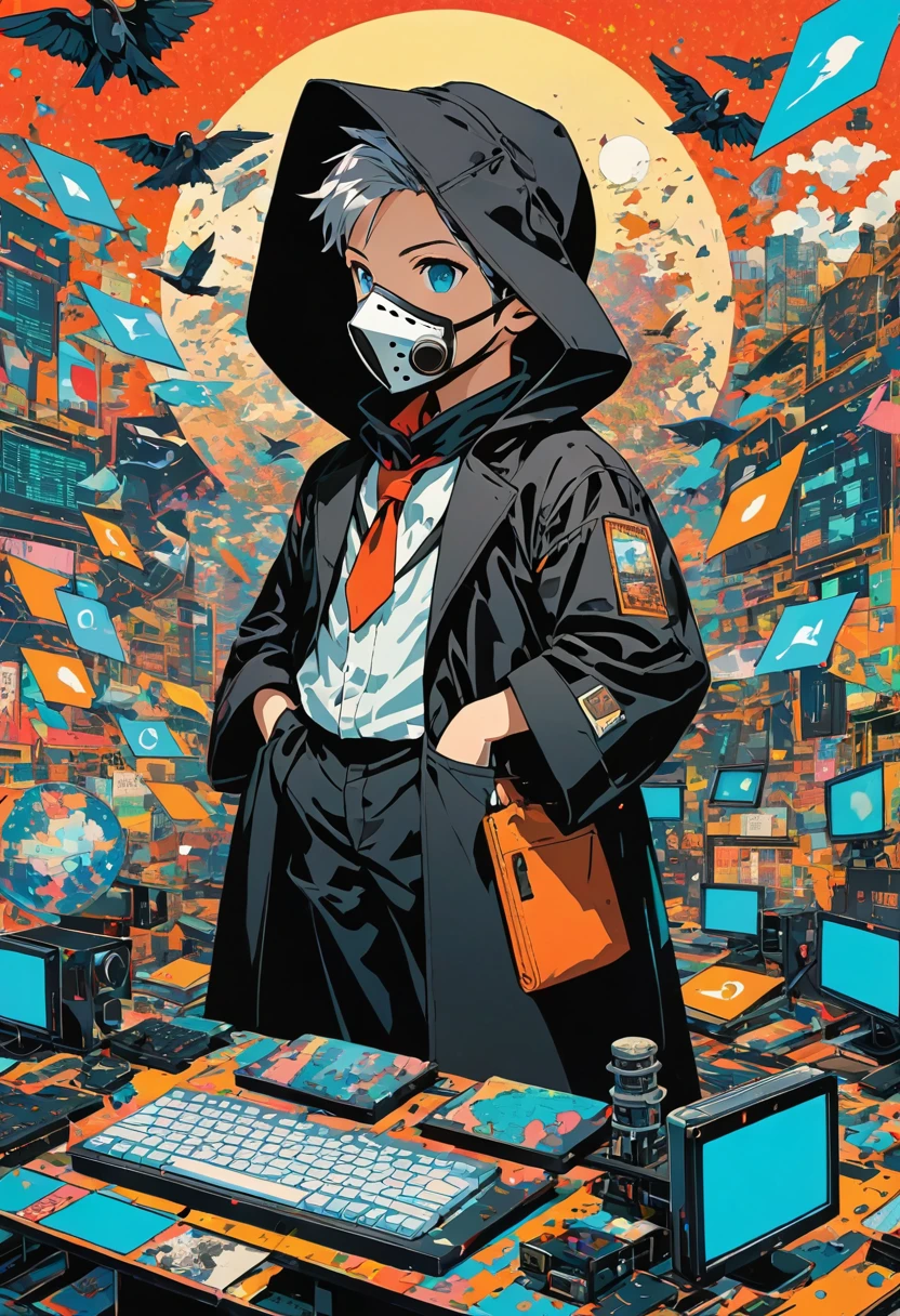 (masterpiece, best quality:1.1), (ultra highres, ultra-detailed:1.2),pop-art,flatcolor, woodblock print collage depicting, boys floating as he is surrounded by various monitor symbols,Cyber information is flying around, collage art, contemporary artistic collage,(outline),BREAK chibi-boys,(male Mad-scientist),(wearing plague-doctor costume,white beak-mask),black hood,black lab-coat, mecha arm,