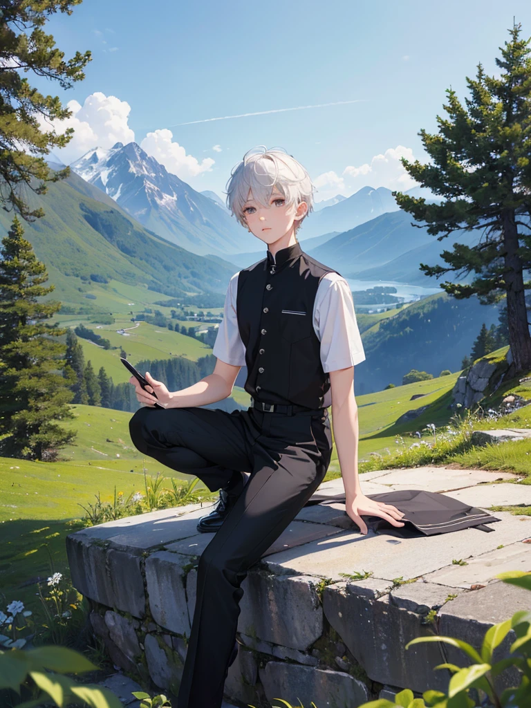 (​masterpiece, top-quality, Extremely high quality, high-level image quality, Extremely sensitive writing) 1boy, short white hair, detailed eyes, mountain background, trees, simple clothes, black pants