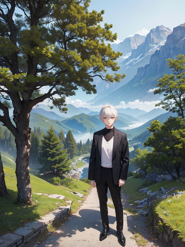 (​masterpiece, top-quality, Extremely high quality, high-level image quality, Extremely sensitive writing) 1boy, short white hair, detailed eyes, mountain background, trees, simple clothes, black pants