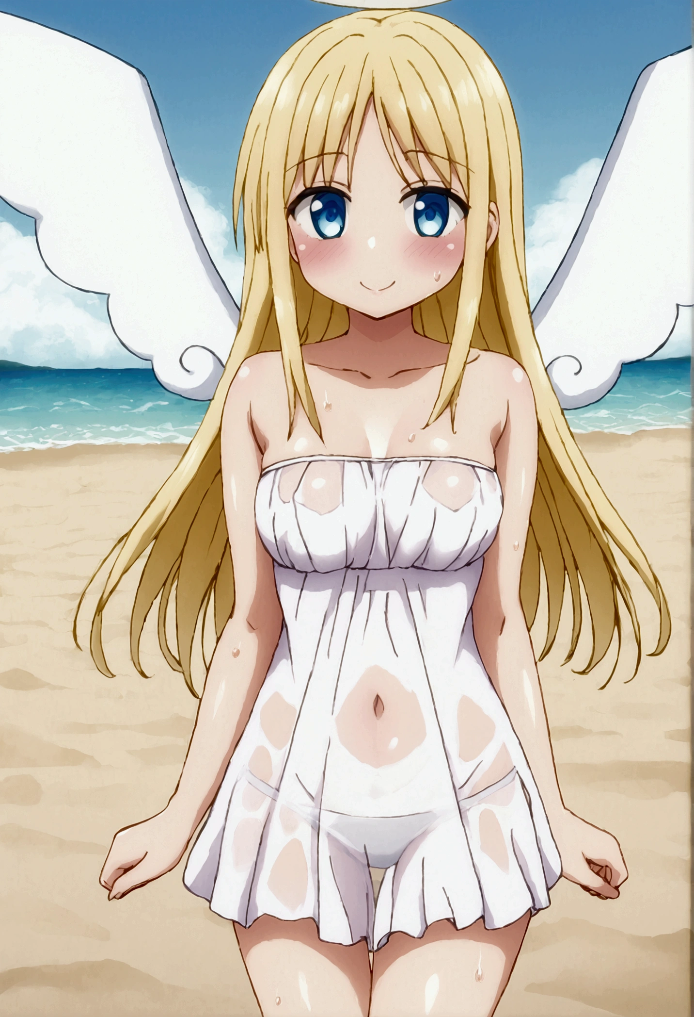 girl１people、 Long Hair, blue eyes, Blonde, dress, Exposing shoulders, clavicle, wing, white dress, Strapless, Hello, Strapless dress, Angel wing, white wing, Angel, Outdoor、A kind smile、blush、White Skirt、Micro Mini Skirt、Very short skirt、Show me your breasts、白いdress、Sandy Beach、sunset、Madder sky、beach、Seaside、((See-through))、((服がSee-through))、((See-through))、tits、Sweat、Wet、びしょびしょにWet、