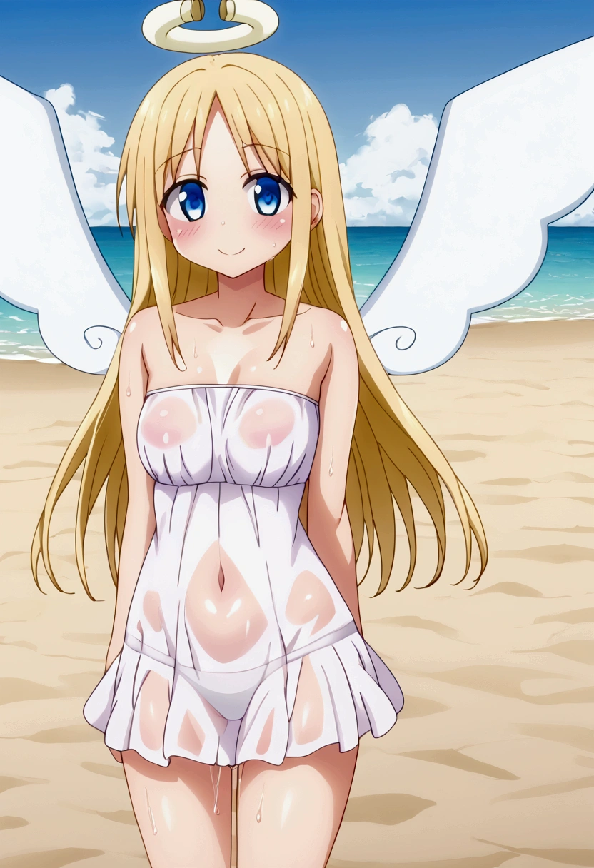 girl１people、 Long Hair, blue eyes, Blonde, dress, Exposing shoulders, clavicle, wing, white dress, Strapless, Hello, Strapless dress, Angel wing, white wing, Angel, Outdoor、A kind smile、blush、White Skirt、Micro Mini Skirt、Very short skirt、Show me your breasts、白いdress、Sandy Beach、sunset、Madder sky、beach、Seaside、((See-through))、((服がSee-through))、((See-through))、tits、Sweat、Wet、びしょびしょにWet、