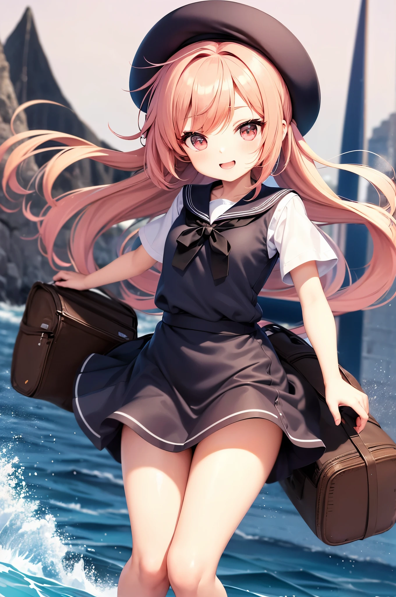 (chibi:1.4),chibi character,chibi style, toe, (cwhite background:1.4),full body,masterpiece, high quality, 4K, HDR,, Tall thin girl with a big chest, wearing a joyful smile, bouncy hair, and black eyes with pink highlights, dashes before us in a full-body view. She wears a sailor hat, a sailor uniform, and lacy panties peeking out from under her skirt, which is billowing in the wind as she runs. Her hair is flowing behind her as she sweatily carries a large Ruck sack. background across the sea. daylight.