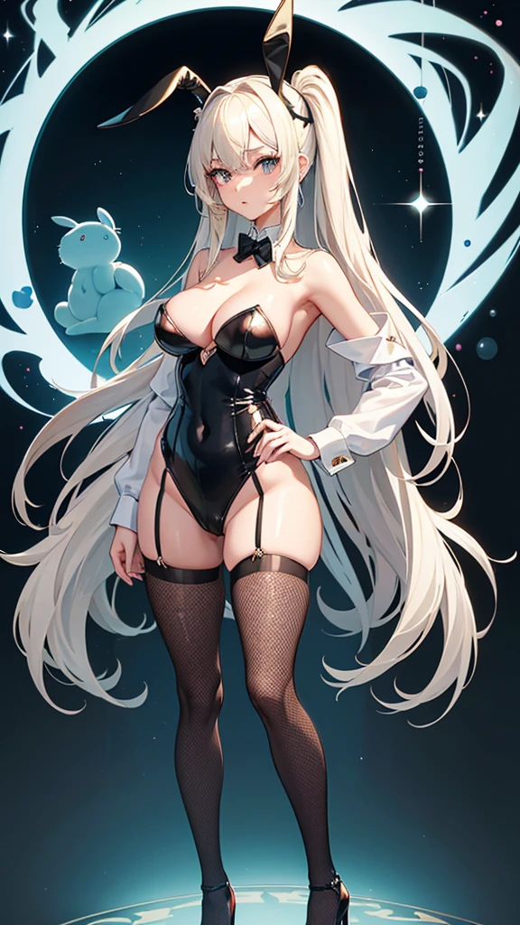 ((Best Quality)), (ultra-detailliert), ((Extremely detailed)), (Beautiful), ((Kawaii Girl)),(two side up hair)、((masutepiece)), ((Platinum Blonde Hair)), Long hair, hair between eye, Wavy Hair, Long sideburns, Jade-colored eyes, White skin, Colossal tits、(Rabbit ears), Slender body, ((Black Playboy bunny)), Fishnet tights, High heels , Casino, Standing, One Woman, Anime