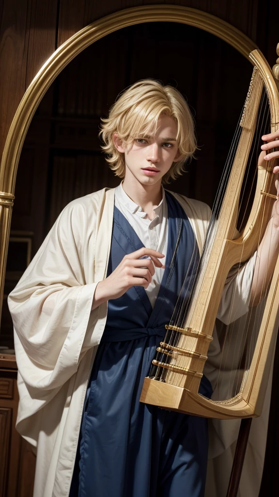 David a young man with blonde hair playing the harp, dressed in Jewish robes 