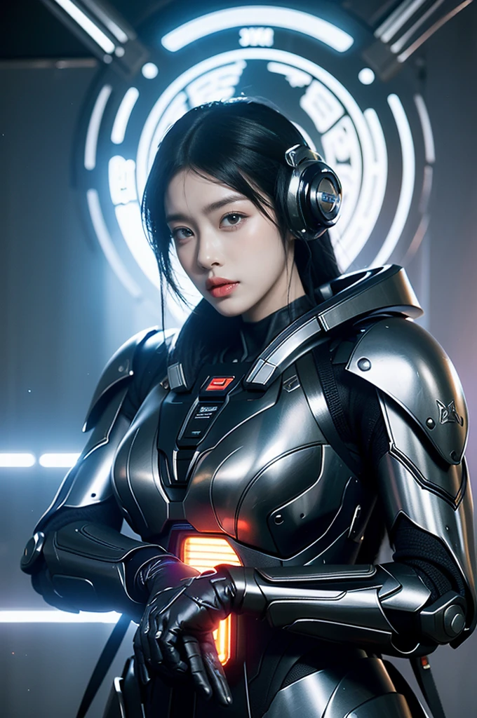 Game Art,Best image quality,Maximum resolution,8K,((A bust photo)),((portrait)),(Rule of Thirds),Unreal Engine 5 rendering works, (Future girl),(Female Warrior), 22-year-old young hacker),(Oriental hairstyle),(Beautiful eyes full of details),(Large Breasts),(Eyeshadow),Elegant and charming,indifferent,((frown)),(Combat uniforms full of futuristic technology,This costume combines futuristic power armor and,Clothing is decorated with glittering patterns and emblems),Cyberpunk Characters,in the style of futuristic, Photo poses,City background,lamp,Ray Tracing,Game CG,((3D Unreal Engine)),OC rendering reflection mode
