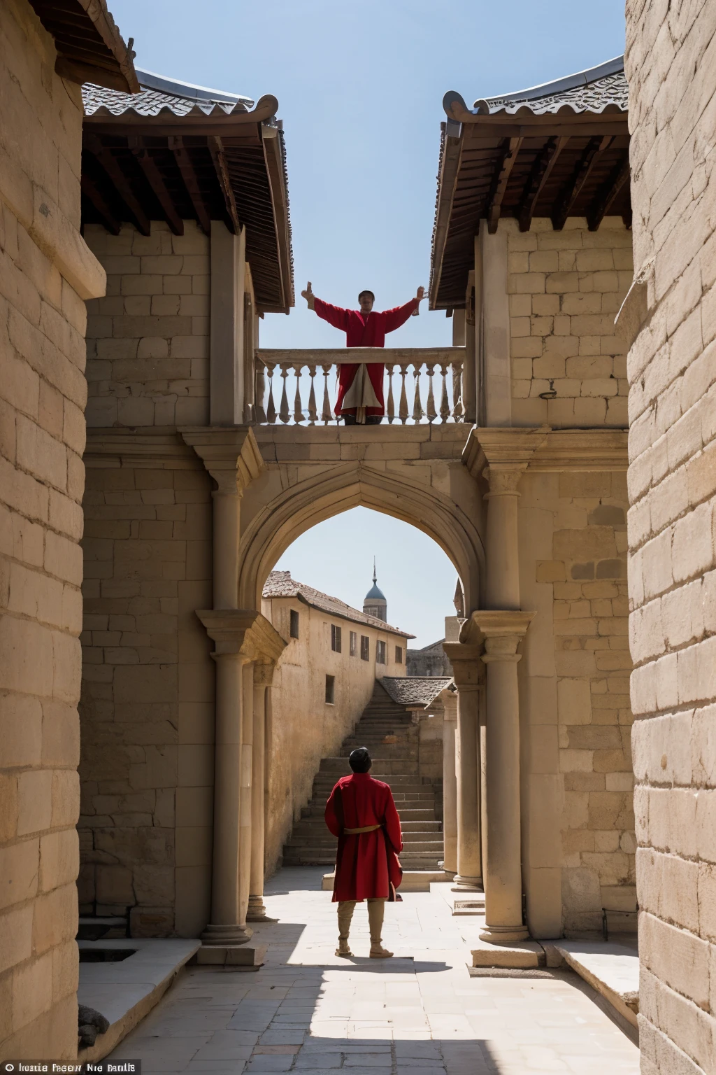 Padahl is a guy wearing worn travel clothes
Jumps from the roof to the courtyard below on top of King Joseph
who is holding a 4-year-old prince in his hand and the prince's father is standing surrounded by soldiers disguised as a beggar
