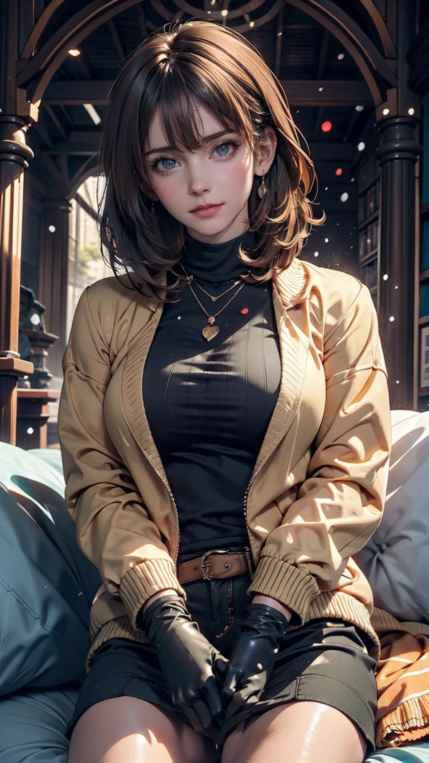 girl, Brown Hair, Bob Haircut, With bangs, A purple snow jacket with a green sweater inside, With hands together, A little serious expression, Big eyes,  White gloves, blue eyes,Static Climax、Ecstasy（ecstasy)、Place your hands on your crotch、slouch