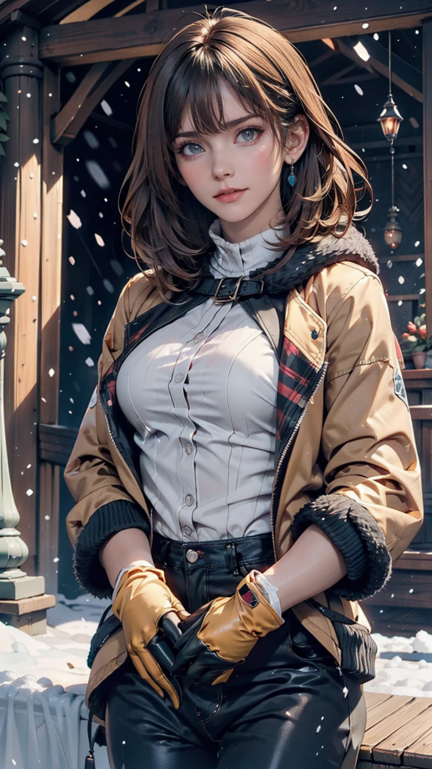 girl, Brown Hair, Bob Haircut, With bangs, A purple snow jacket with a green sweater inside, With hands together, A little serious expression, Big eyes,  White gloves, blue eyes,Static Climax、Ecstasy（ecstasy)、Place your hands on your crotch、slouch
