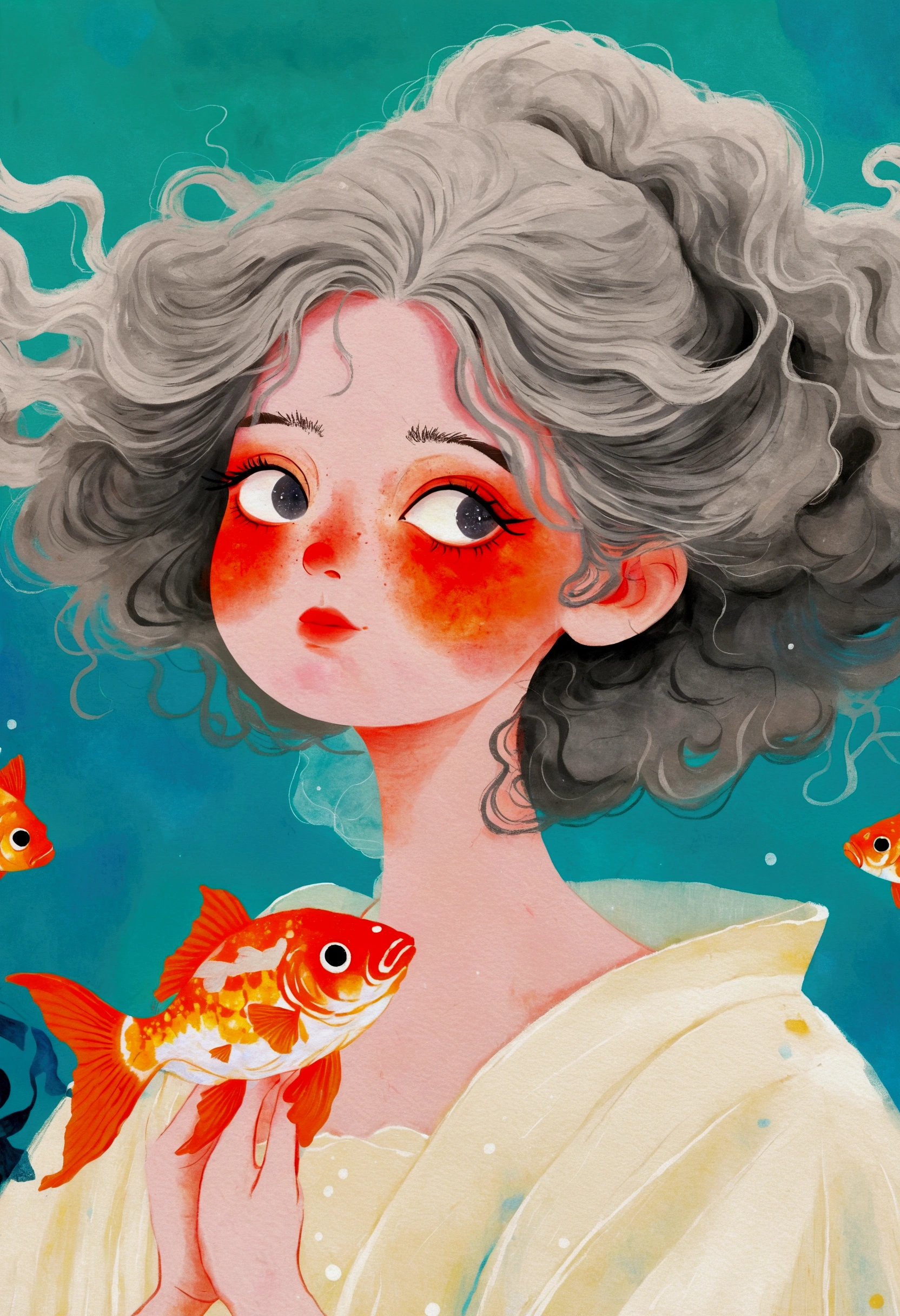 Painting of a woman with goldfish in her hair、Jin Nong&#39;s Surrealism、Gray Hair、White、Dynamic pose、Pop Surrealism、Color illustrations、Beautiful artistic illustrations、Colorful illustration、Pop Surrealismアートスタイル、Digital illustration style、Fantasy Illustration、Illustration art、Magical Surrealism、デジタルFantasy Illustration、Pop Surrealismローブローアートスタイル