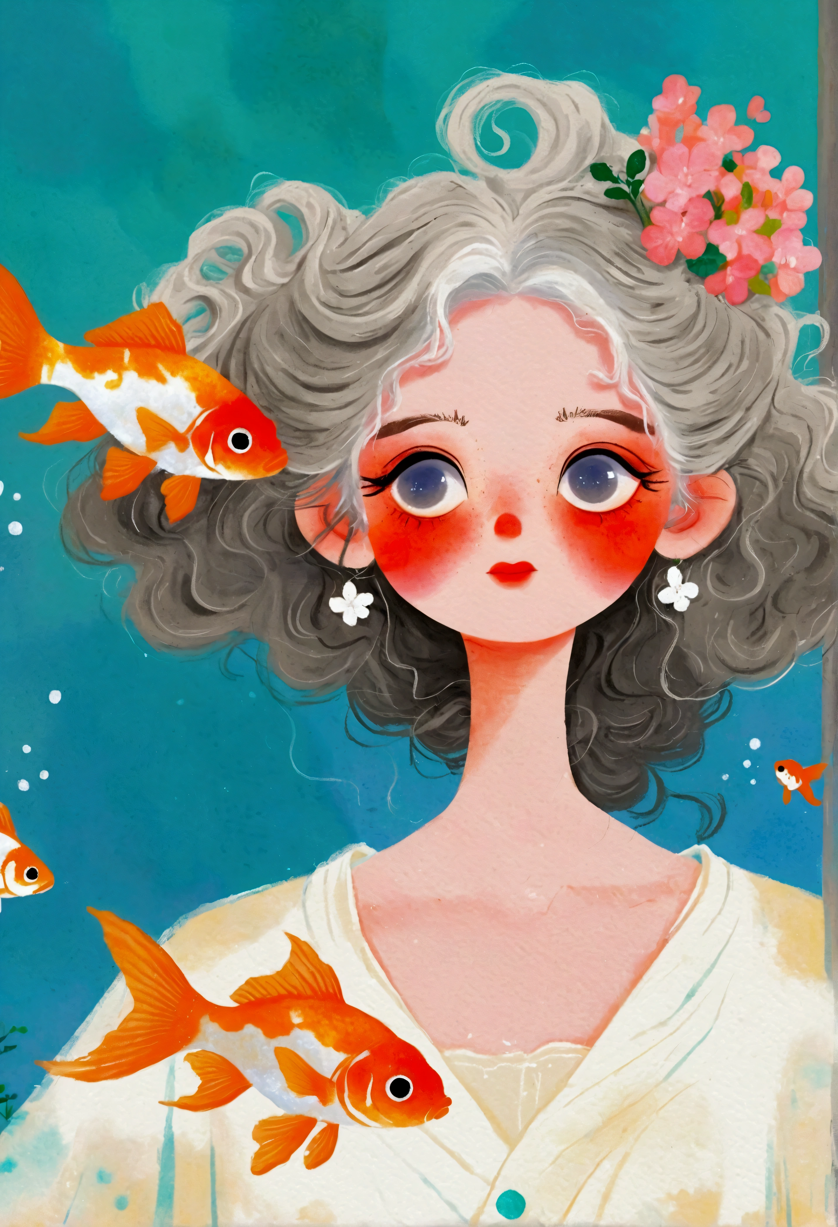 Painting of a woman with goldfish in her hair、Jin Nong's Surrealism、Gray Hair、White、Dynamic pose、Pop Surrealism、Color illustrations、Beautiful artistic illustrations、Colorful illustration、Pop Surrealismアートスタイル、Digital illustration style、Fantasy Illustration、Illustration art、Magical Surrealism、デジタルFantasy Illustration、Pop Surrealismローブローアートスタイル