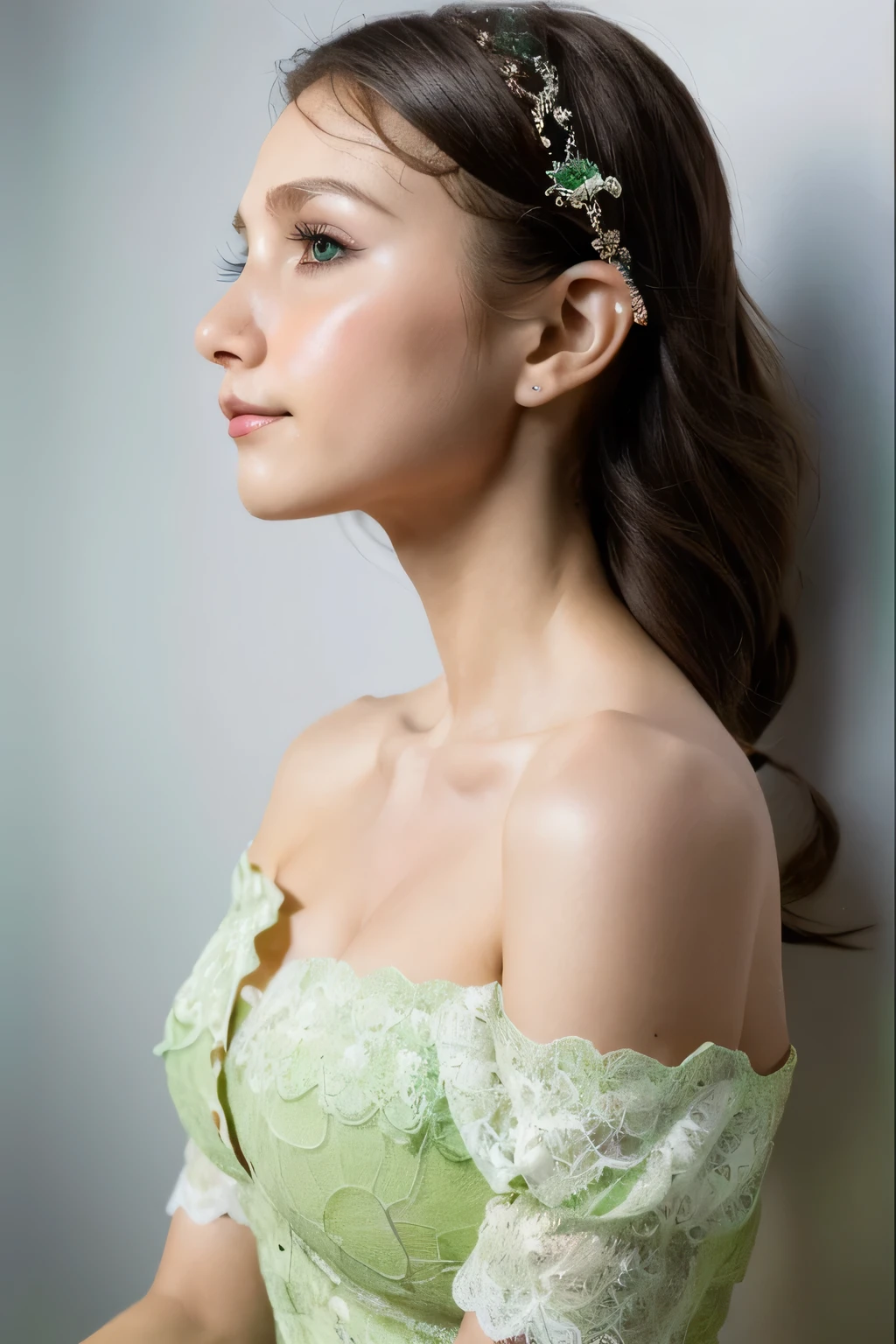 ((Highest quality, 8k, masterpiece: 1.3)), sharp: 1.2, Perfect Body Beauty: 1.6, ((Layered Hairstyles, Big Breasts: 2.0)), (white and long legs: 2.0), (Emerald green lace dress: 2.0, Off-the-shoulder dress: 2.0, A dress with a wide open chest: 2.0), (Bold cleavage: 2.0), ((Sideboob)), ((long hair: 2.0)), ((necklace)), Earrings, ring, Bracelet, Hair Accessories, ((Beautiful young ager woman)), ((Straight nose)), (Eyeliner), Armpit Hair, Bristles, ((White and beautiful skin)), Wavy Hair, Beautiful attention to detail, Super detailed, Highly detailed face and skin texture, fine grain, double eyelid, Black Hair, Big Ass, Lower Body, Thighs, (((Skinny))), Wet and shiny lips, smile, Get a grip on your body, ((Anatomically correct human body)), ((Crisp body shape)), Ribs, clavicle, Protruding skeleton, A face without nasolabial folds, Shyness, Thin eyebrows, Big eyes, (shoot from side: 1.5), (Narrow shoulders: 2.0), (Big nipples)