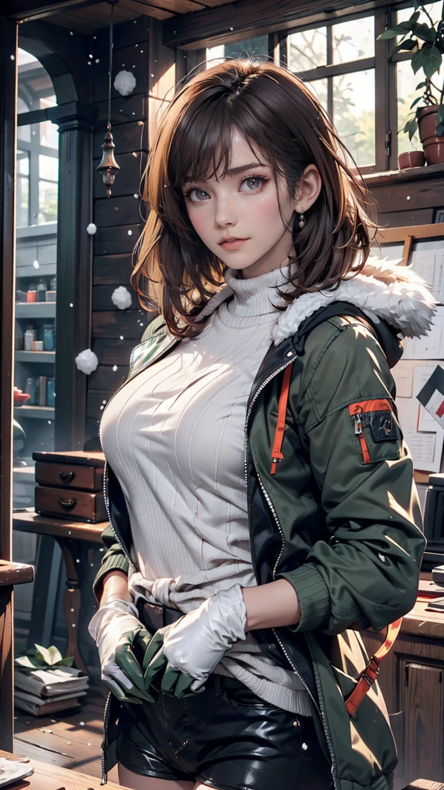 girl, Brown Hair, Bob Haircut, With bangs, A purple snow jacket with a green sweater inside, With hands together, A little serious expression, Big eyes,  White gloves, blue eyes,Static Climax、Ecstasy（ecstasy)、Place your hands on your crotch、slouch