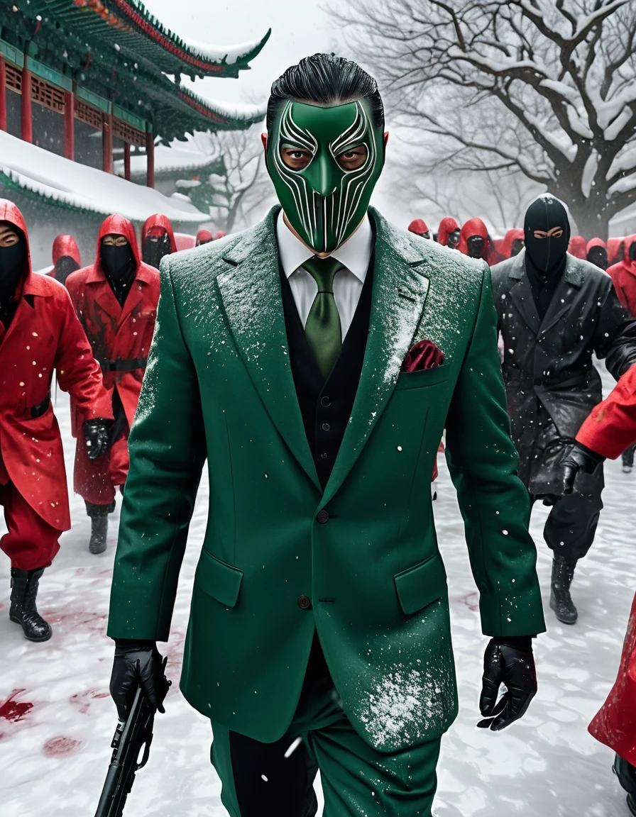 a photorealistic villian character, 6 feet tall, with half face covered with grey mask, black eyes, blach hair, a injury cut on his face , wearing a dark green suit, full shot, walking in snow in between two gangs chinese gang figting with guns blazing, blood scattering all around, the snow ground which  is covered in pool of blood, background covered with trees, night lighting, dramatic lighting