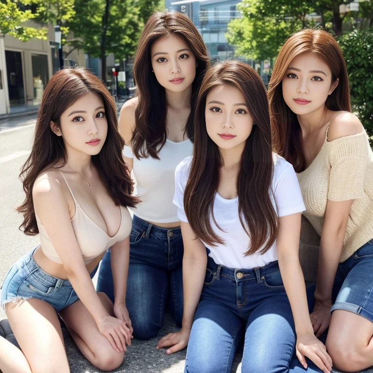 Highest quality,Ultra-high resolution, (Realistic:1.4), RAW Photos, 32K Portrait, Very detailed, Three Girls、ベッドにThree Girls、Leaning forward、Huge breasts、Cleavage、The two look at each other.、On all fours、On all foursになって、Super large 、Off-the-shoulder knit、Shorts Jeans