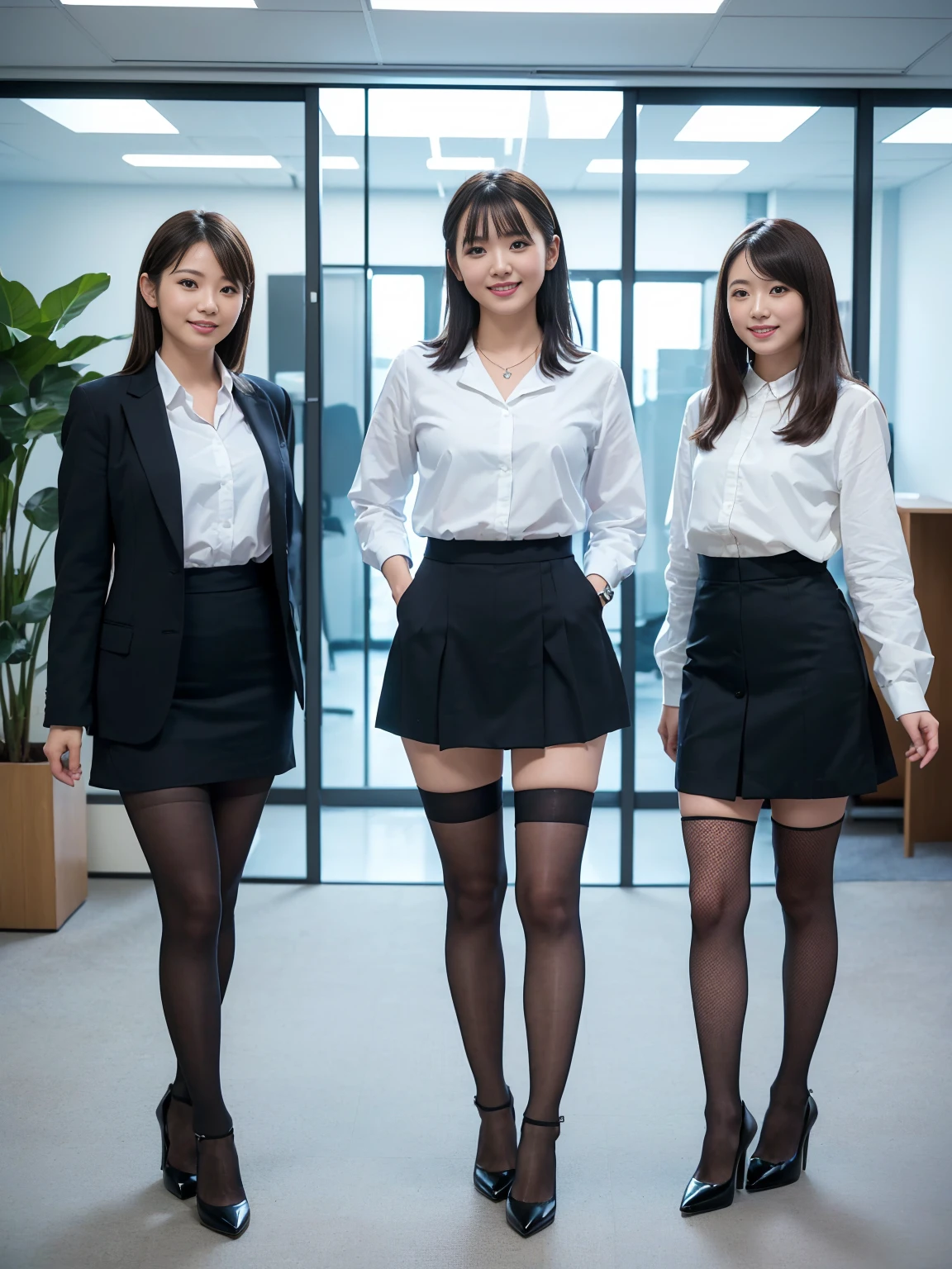 (Highest quality, masterpiece, Photorealistic, Super detailed, Ultra-high resolution, born:1.3), (Three Girls:1.3), beautiful, Japanese, mature, 28 years old, office workers, (Close bonds, Short skirt),(stockings),(smile), (bangs), high waist, necklace, (office, indoor, Glass Room), (Long legs, High heels, whole body:1.2), (crowd)