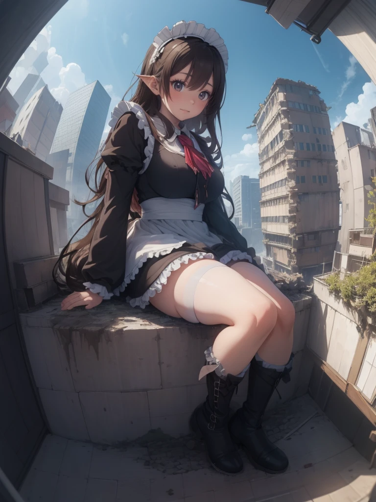 whole body描写、((((Fisheye Lens))))、((((looking at the camera))))、Embarrassed、Building fire、City boulevard、Traffic jam、Lots of cars and buses、street tree、Pedestrian bridge、City of Rubble、Ruins of rubble、Knee-high socks、((((((Frilled maid outfit)))))),Giant Girl 50,000 feet high，Weight: 1000kg，，Elf with pink earrings，She has long hair that reaches down to her feet，Hair loss，Wavy long curly hair，Wearing boots，Lace gloves，粉色蕾丝whole body，Standing tall in a small town，Beautiful appearance，Exquisite makeup，quality，8k，高quality，Perfect Proportions, Cinema Lighting，Film Grain，The Colors of Fuji，8k，Textured skin，Super Details，Attention to detail，High resolution，False Smile，Bloodstain，脚底有Bloodstain，whole body，obesity，Elf Princess，((((Giant girl gracefully sits on top of a broken skyscraper in the city、))))、(((Super huge breasts)))、((Plump thighs))、Chest、Sweat makes clothes transparent