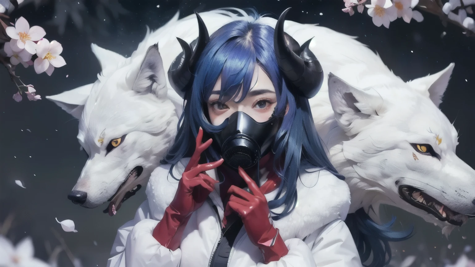 ((best quality)), ((masterpiece)), (detailed)) perfect face highest quality, shiny night sky, ink:1.3,masterpiece,1girl,solo, blue hair, horns,standing,cherry blossom, (wolf:1.2),fullface latex gasmask covering her face, falling petals, light smile, closed mouth, one can only see her eyes through the holes in the white latex gasmask covering her face, 2 white wolves are with her