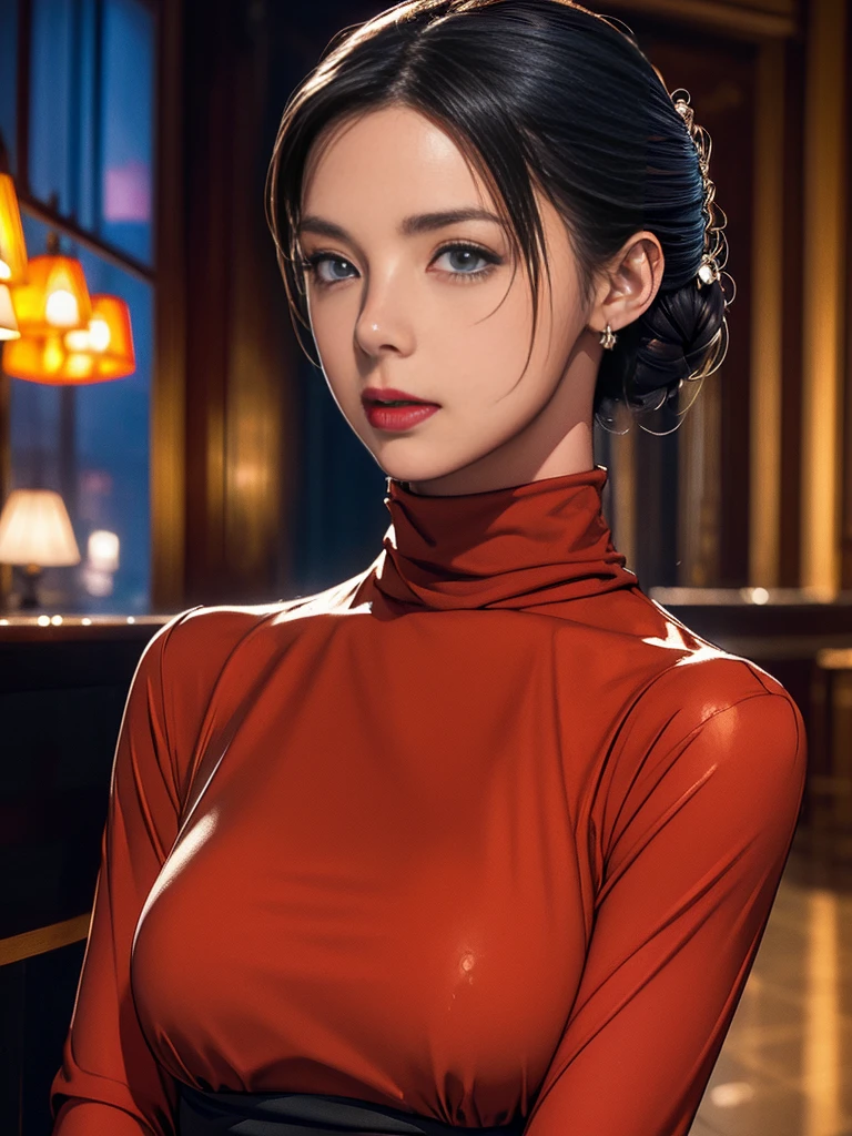 McBane: photo of extremely sexy italian woman, a sexy student, closeup portrait upsweep updo, (red tight long sleeve turtleneck top), at a  bar, masterpiece, photorealistic, best quality, detailed skin, intricate, 8k, HDR, cinematic lighting, sharp focus, eyeliner, painted lips, earrings, extremely sexy seductive blue eyes, perfect