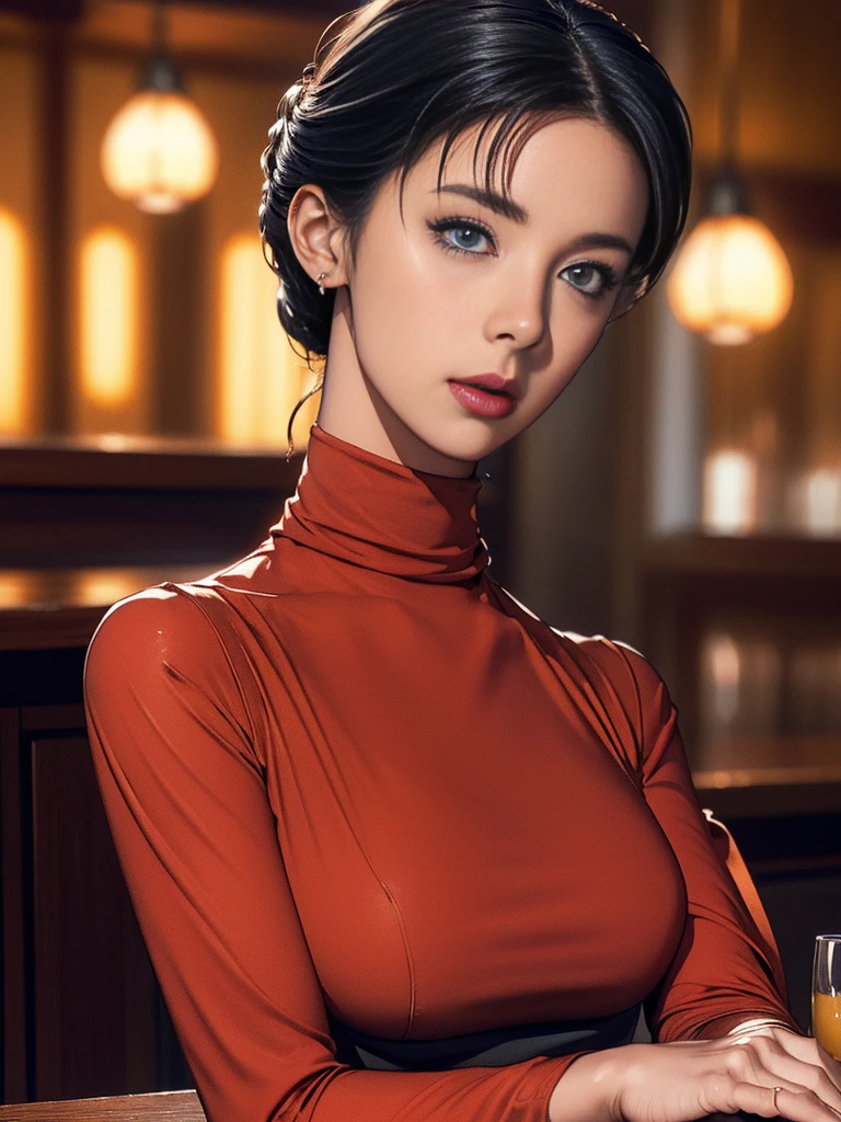 McBane: photo of extremely sexy italian woman, a sexy student, closeup portrait upsweep updo, (red tight long sleeve turtleneck top), at a  bar, masterpiece, photorealistic, best quality, detailed skin, intricate, 8k, HDR, cinematic lighting, sharp focus, eyeliner, painted lips, earrings, extremely sexy seductive blue eyes, perfect