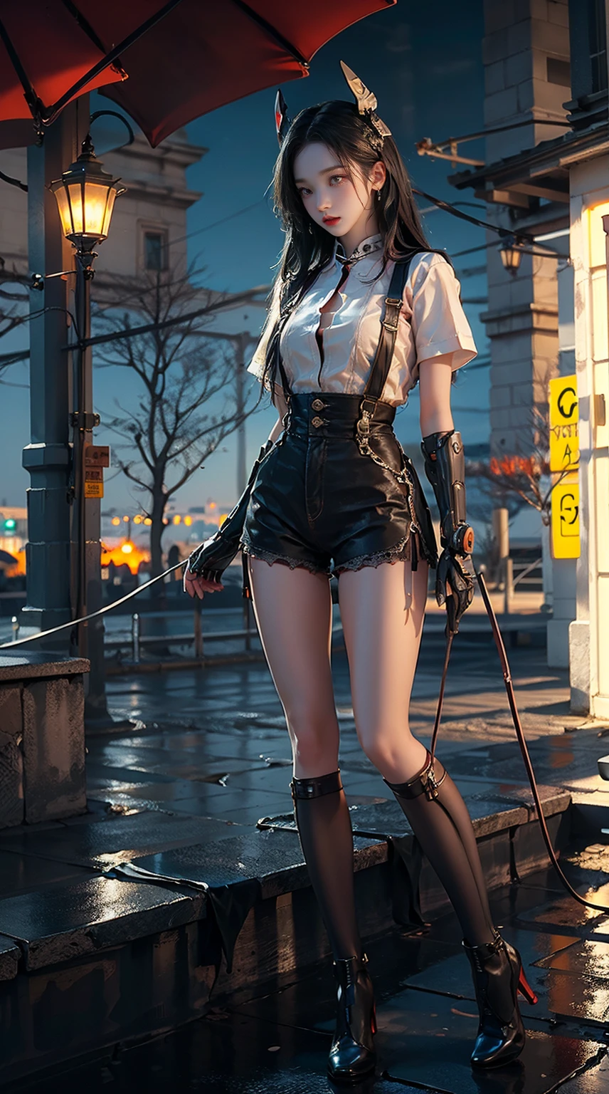 masterpiece,best quality,high resolution, 1 girl,from below,(매우 얇고 straight legs)，,(매우 long legs，straight legs),,high heel,long legs,stand on all fours, 정면에서 보면 long legs, perfect body,with perfect legs,(Exterior)，Telegraph slang，cyberpunk figures，dynamic pose，1 girl，Exquisite eyes，brown eyes，eye shadow，to put on make up，long gray hair， detailed face， detailed eyes， looking at viewer， blusher\（to put on make up\）， plump lips， red lip，（long gray hair：1.3）， （stand on all fours）Mechanically static，Summon Mech，(headdress:1.1)，headgear，((((school shirt，ultra shorts))))，(black lace stockings，stocking suspenders)，city，Luminous winding，With a gun in my hand，weapon，Cyberpunk Lighting:1.1)，neon lights，Completely mechanical and futuristic elements，technology，The background is downtown New York，distance， sky sky， ，1（slim：1.2），dramatic lighting，vivid details，