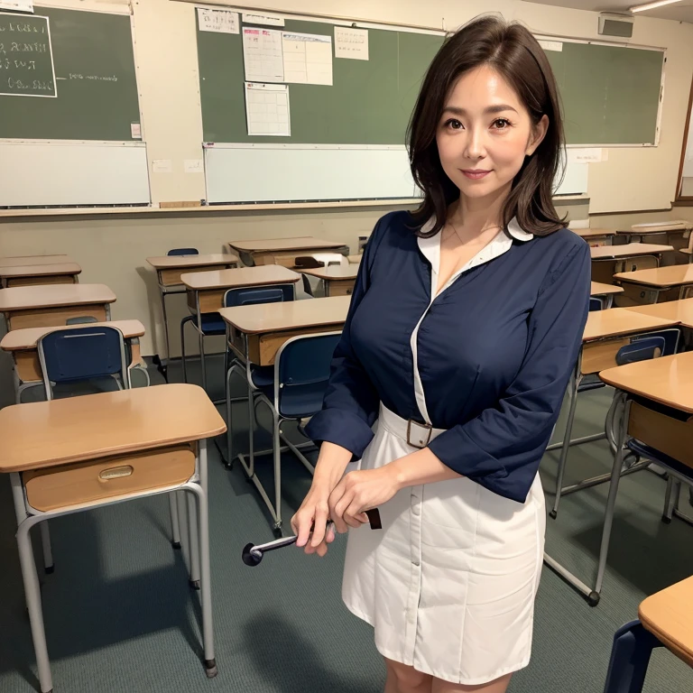 High resolution, High-level image quality, High definition, masterpiece, 8k, Anatomically correct, Professional Lighting, sharp, White Photo, ((Japanese Mature, 90 years old, Beautiful female teacher)), One person, ((Facial wrinkles)), Shapely large breasts, Straight, light brown, long hair that reaches the shoulders, Chubby body type, ((School classroom, Standing upright, holding the attendance book and looking at the viewer)), (((Navy long shirt dress))), Composition from knee to head
