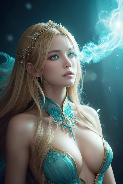 ((最高masterpiece,Ultra-high resolution, high resolution, 8k,  Fractal Art,Octane, Fantastic,Aesthetic,Intricate details))

This is a realistic fantasy art piece featuring a realistic Goddess of Light, Fractal Artが美しい,A faint swirl of smoke, And the beautiful blonde European goddess makes for an interesting composition.,A woman with the inspiration of light that tears through the deep darkness,she face is expertly sculpted, Elegant and sophisticated features with perfect shading and realistic skin texture. sheのヘアスタイルは未来的なFractal Artを模している,Extremely innovative,she (Turquoise and crystal eyes) It&#39;s wonderful.、It is the focus of this image. (she eyes extremely detailed, Beautiful attention to detail, macro). she eyes feature intricate detailing with clearly defined irises and bright sclera. sheはクラシックな模様のロングドレスを着ている,Long sleeve,詳細で宝stoneで作られたドレス,soft lips are smooth and very puffy, sheの肌は淡い紅潮と華麗なクラシカルな模様で飾られている. she long gown is stunning and expensive, Made of pure flame and brilliant light,光の中できらめく華やかな宝stone. she billowing gown glitters from the flames and features a delicately and intricately embroidered bodice with wisps of flames running across it. Include fantasy elements such as bumps, stone, Fiery Iris, silk, And an interesting background. Include magical creatures such as birds and butterflies that give off a magical and mystical aura.. Lighting: Enhance your artwork with the latest lighting trends. camera: Use dynamic composition to create tension and excitement. Take inspiration from current masters of the fantasy genre, Including popular artists on Artstation and Midjourney. ((masterpiece))
