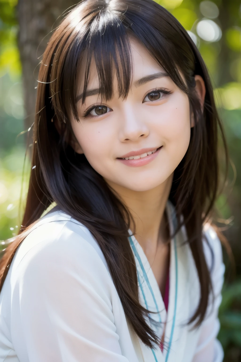 best quality, face focus, soft light, ultra high res, (photorealistic:1.4), RAW photo, Shinozaki Ai,
1japanese girl, solo, cute, kawaii, smile, (pupil, lights in the eyes), detailed beautiful face,(high resolution detail of human skin texture),(long hair),(portrait), upper body, white traditional kimono, in the forest