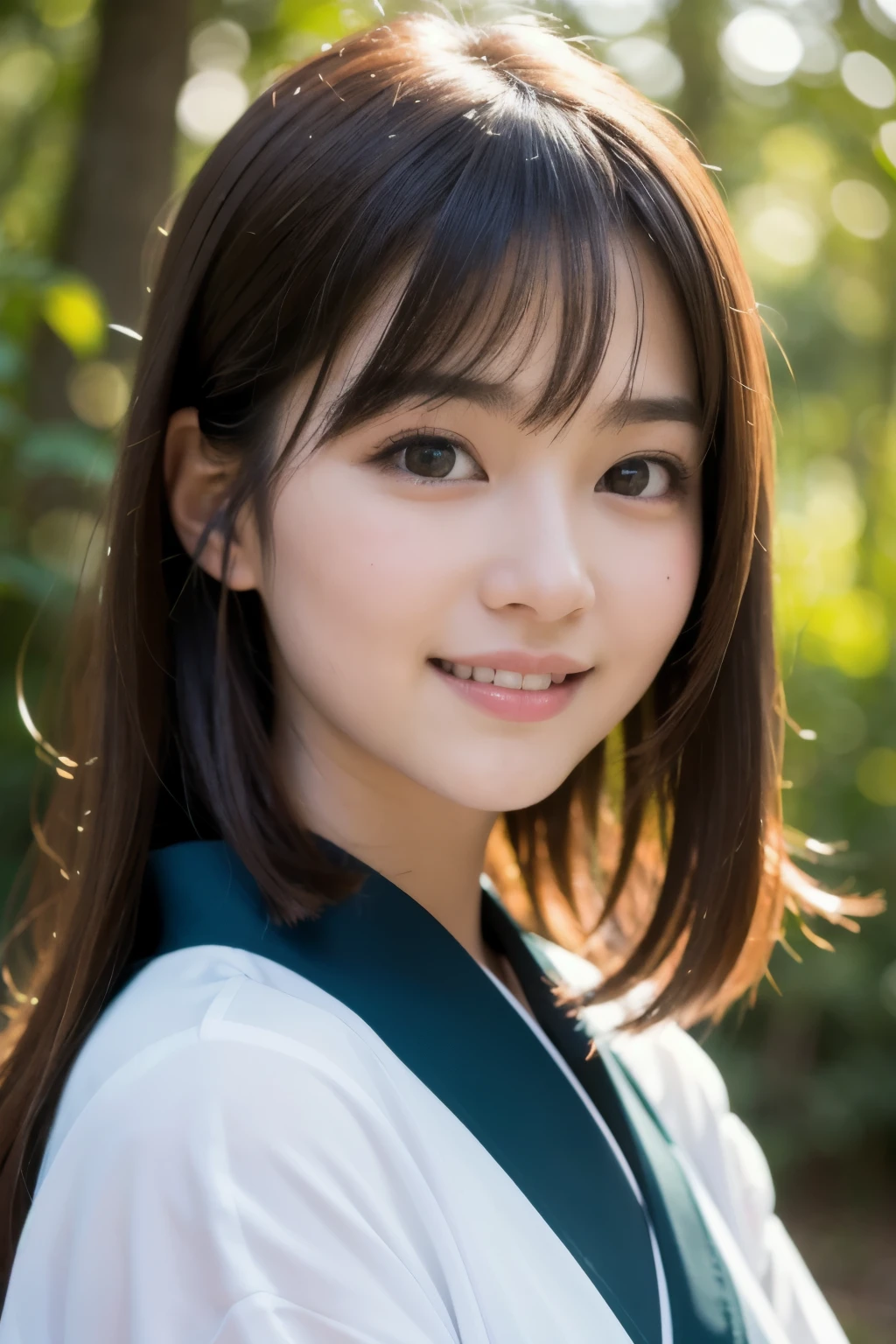 best quality, face focus, soft light, ultra high res, (photorealistic:1.4), RAW photo, Shinozaki Ai,
1japanese girl, solo, cute, kawaii, smile, (pupil, lights in the eyes),  detailed beautiful face,(high resolution detail of human skin texture),(long hair),(portrait), upper body, white traditional kimono, in the forest