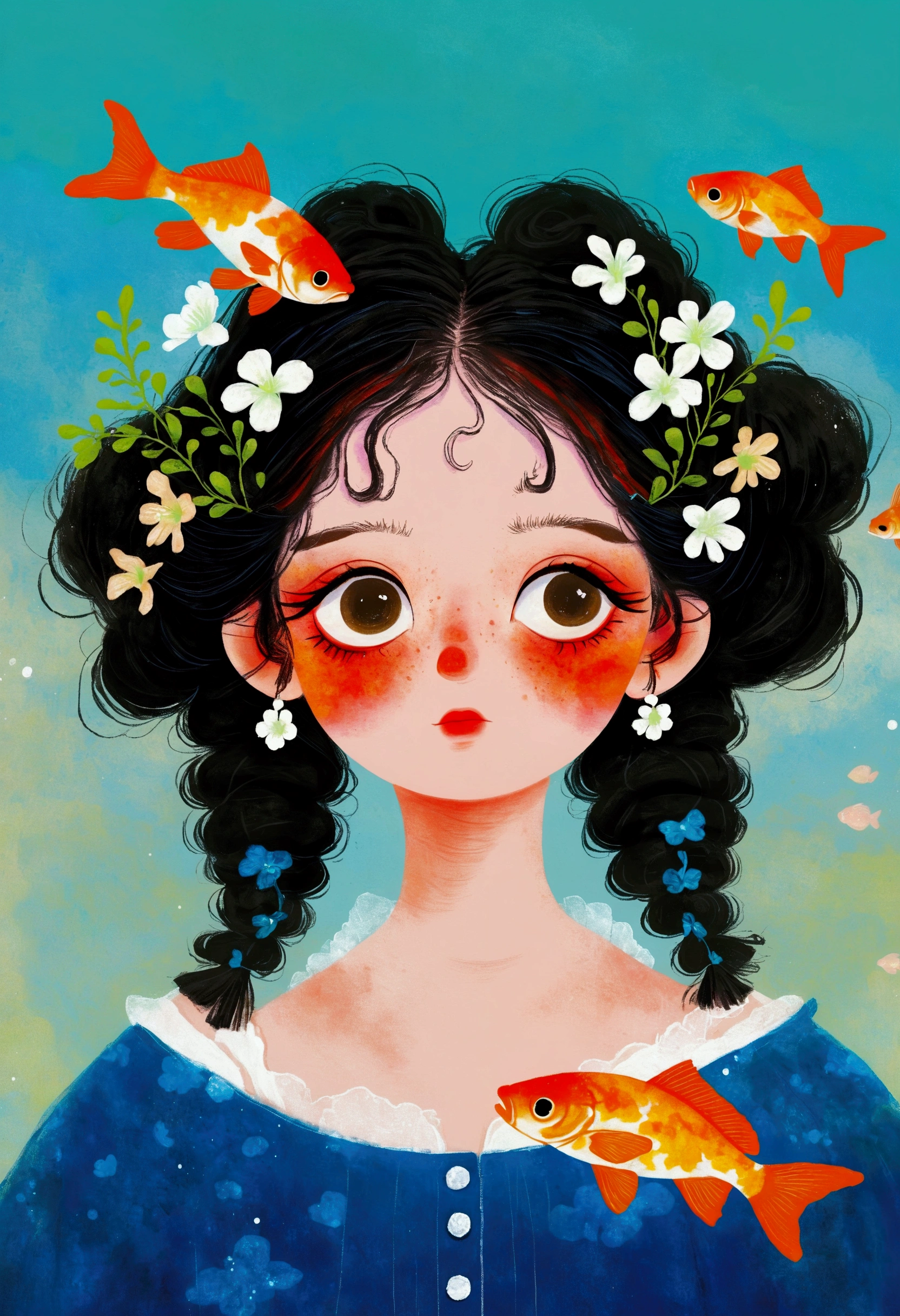 Painting of a woman with goldfish in her hair、Jin Nong&#39;s Surrealism、Redhead、White、Pigtails、Braid、Freckles、Dynamic pose、Pop Surrealism、Color illustrations、Beautiful artistic illustrations、Colorful illustration、Pop Surrealismアートスタイル、Digital illustration style、Fantasy Illustration、Illustration art、Magical Surrealism、デジタルFantasy Illustration、Pop Surrealismローブローアートスタイル