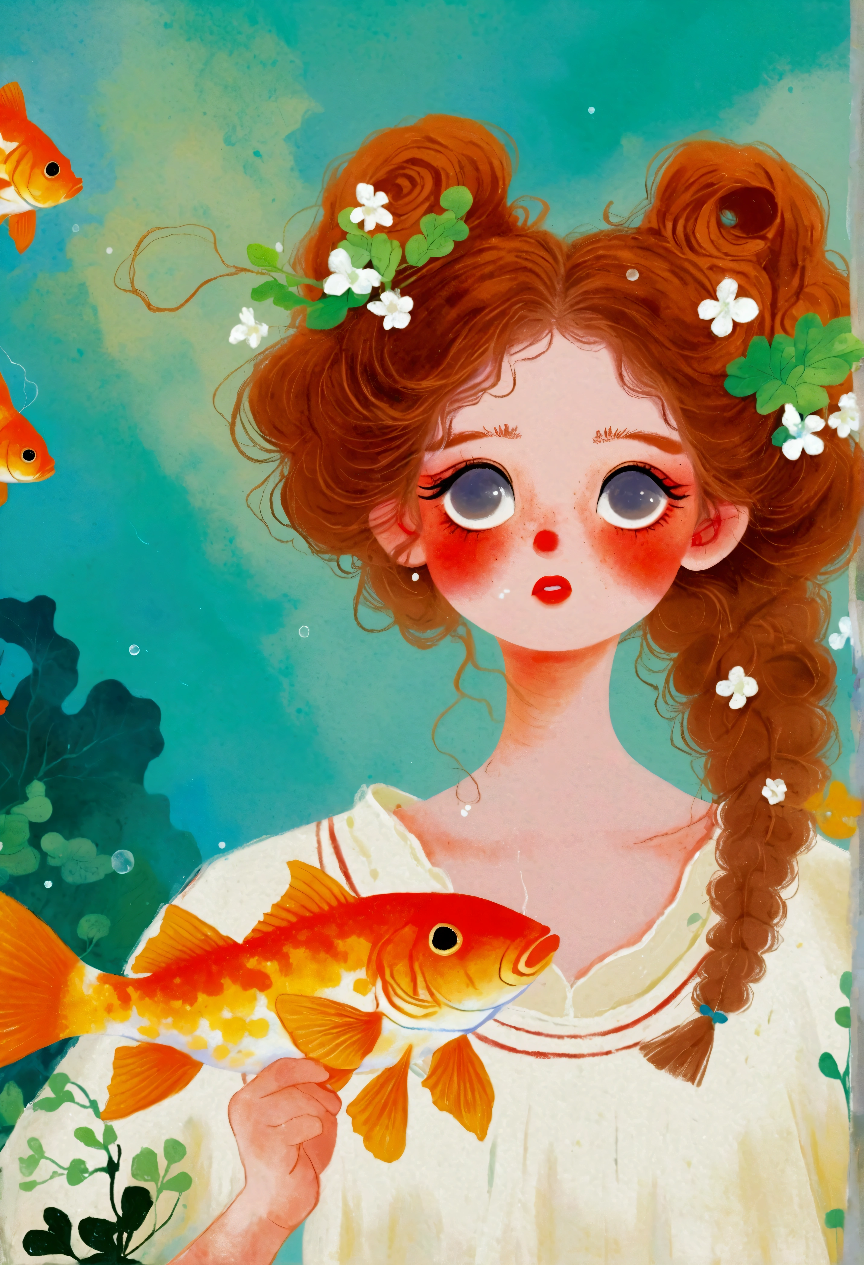 Painting of a woman with goldfish in her hair、Jin Nong's Surrealism、Redhead、White、Pigtails、Braid、Freckles、Dynamic pose、Pop Surrealism、Color illustrations、Beautiful artistic illustrations、Colorful illustration、Pop Surrealismアートスタイル、Digital illustration style、Fantasy Illustration、Illustration art、Magical Surrealism、デジタルFantasy Illustration、Pop Surrealismローブローアートスタイル
