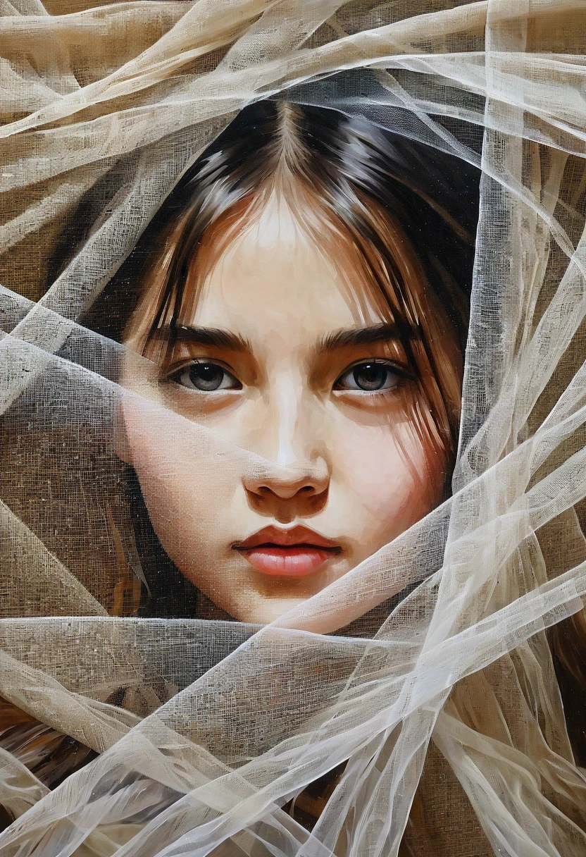 image painting of a {girl's face behind a tulle sheet} in canvas, acrylic painting, detailed fabric texture, showing the weave and folds