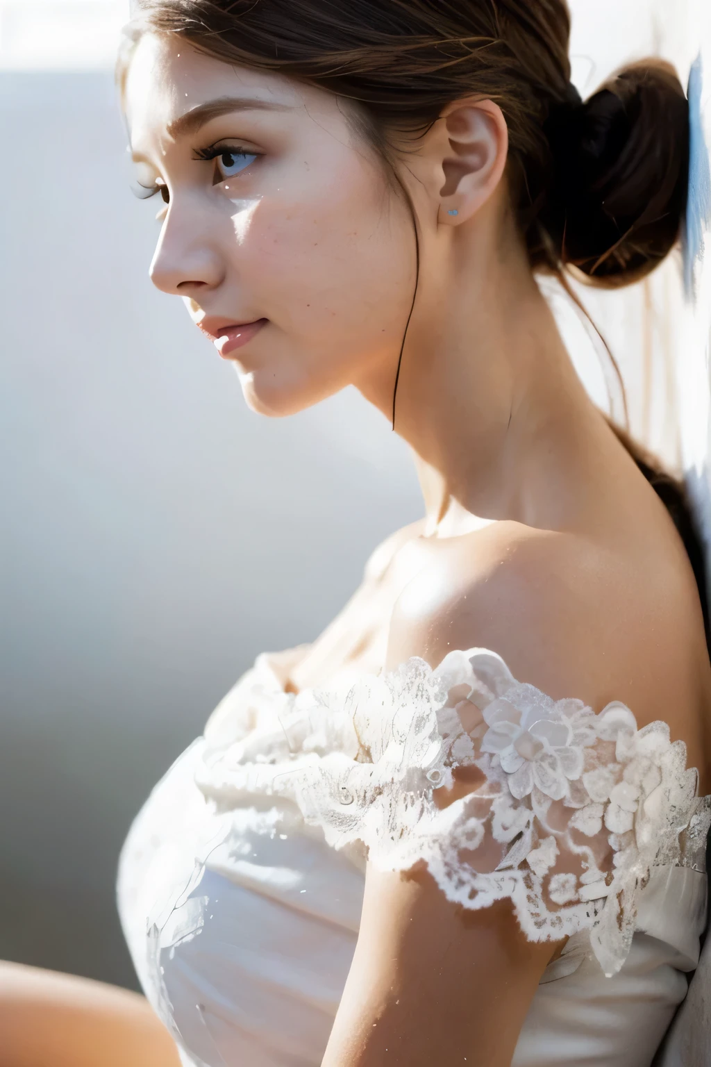 ((Highest quality, 8k, masterpiece: 1.3)), sharp: 1.2, Perfect Body Beauty: 1.6, ((Layered Hairstyles, Small breasts: 2.0)), (white and long legs: 2.0), (white lace dress: 2.0, Off-the-shoulder dress: 2.0, A dress with a wide open chest: 2.0), (Bold cleavage: 2.0), ((Sideboob)), ((long hair: 2.0)), ((necklace)), Earrings, ring, Bracelet, Hair Accessories, ((Beautiful young teenager woman)), ((Straight nose)), (Eyeliner), Armpit Hair, Bristles, ((White and beautiful skin)), Wavy Hair, Beautiful attention to detail, Super detailed, Highly detailed face and skin texture, fine grain, double eyelid, Black Hair, Big Ass, Lower Body, Thighs, (((Skinny))), Wet and shiny lips, smile, Get a grip on your body, ((Anatomically correct human body)), ((Crisp body shape)), Ribs, clavicle, Protruding skeleton, A face without nasolabial folds, Shyness, Thin eyebrows, Big eyes, (shoot from side: 1.5), (Narrow shoulders: 2.0), (Big nipples)