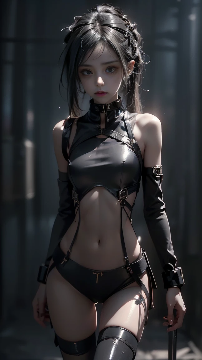 (Basement, dungeon, prison), young skinny girl, ((top quality, 8k, masterpiece: 1.3)), crisp focus: 1.2, (beautiful skinny girl: 1.4), (skinny abdomen: 1.2), (small waist: 1.4), (thigh gap: 1.6), (small hip: 1.6), ((layer cut, big: 1.2)), wet body: 1.5, highly detailed face and skin texture, detailed eyes, ponytail hairstyle, BDSM, slave, black tight shiny latex harness, ( big buckles:1.4), (exposed abs, navel:1.2), (suspended by arms, hogtied, bdsm:1.4), (crying, tears, screaming in pain, suffering:1.2), (full length),