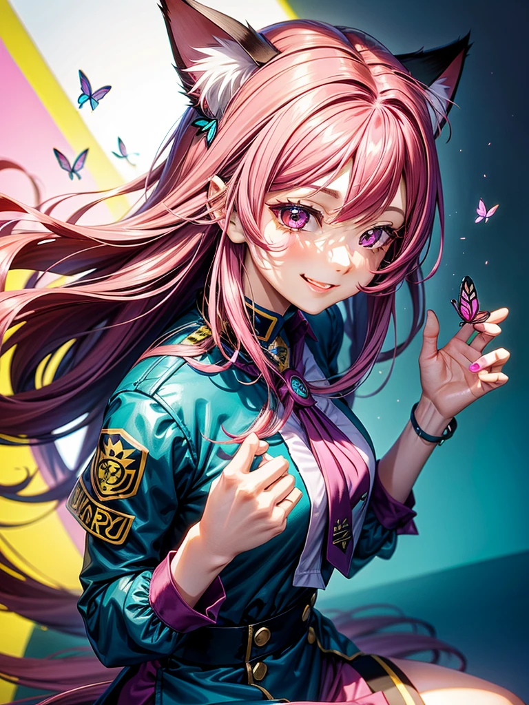 Magenta hair, brown eyes, older woman, long thick hair, pretty hair ornaments, smile face, happy, cat ears, sexy uniform outfit, color background, butterflies, teal and yellow, no hair in face, no bangs in hairstyle 