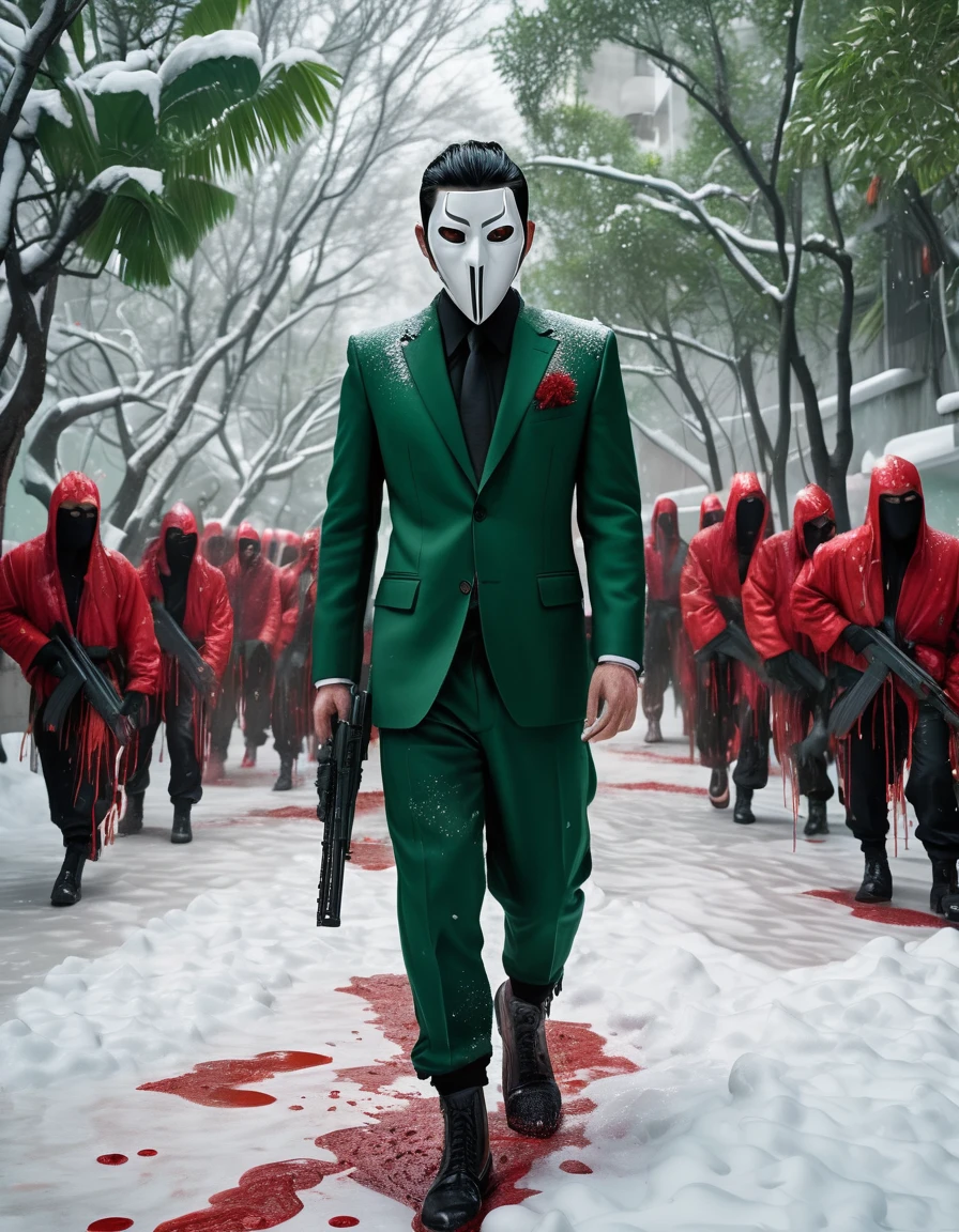 a photorealistic villian character in jungle, 6 feet tall, with half face covered with grey mask, black eyes, black hair, a injury cut on his face , wearing a dark green suit, full shot, walking in snow in between two gangs chinese gang figting with guns blazing, blood scattering all around, the snow ground which  is covered in pool of blood, background covered with trees, night lighting, dramatic lighting