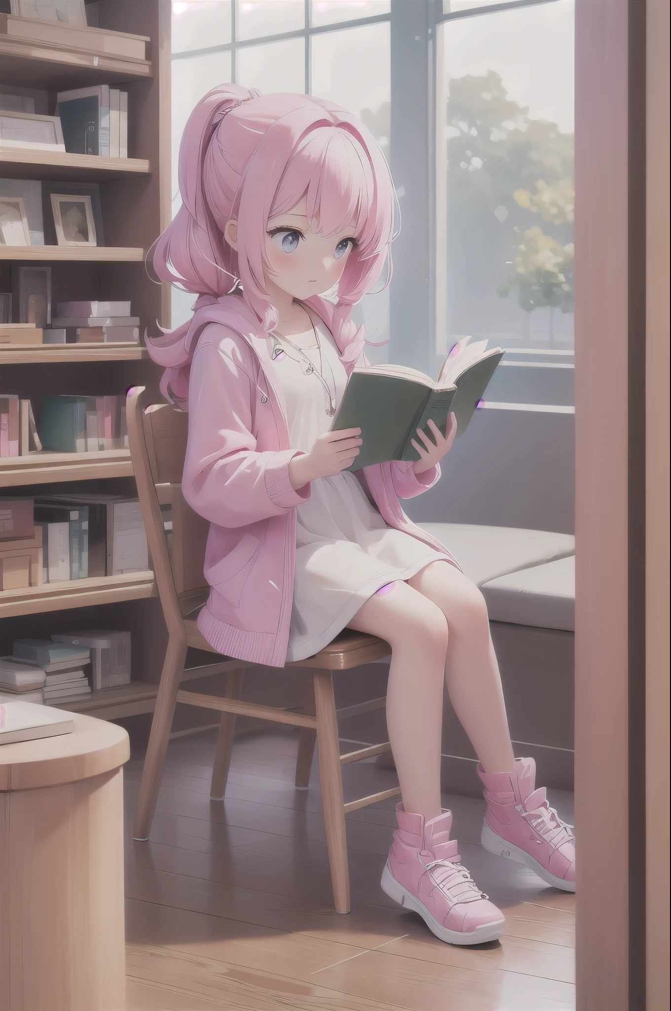 (Masterpiece), (best quality), pink hair girl, Something, something sweet, (Wear a ..end) The background is a library., Reading a book (Solo character)