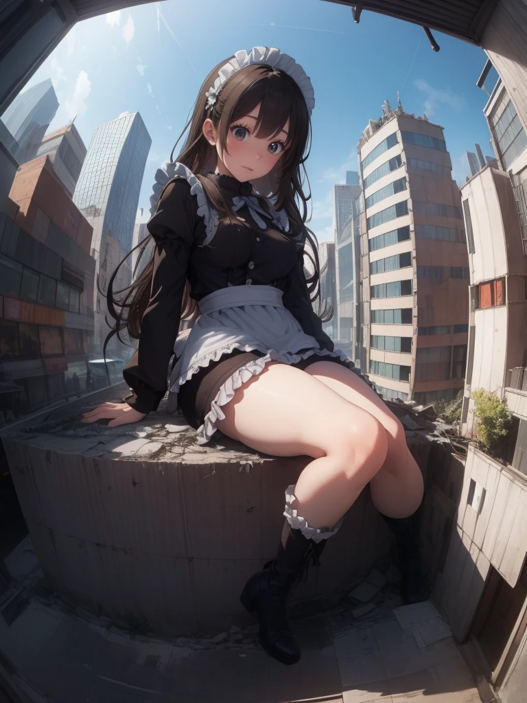 whole body描写、((((Fisheye Lens))))、((((looking at the camera))))、Embarrassed、Building fire、City boulevard、Traffic jam、Lots of cars and buses、street tree、Pedestrian bridge、City of Rubble、Ruins of rubble、Knee-high socks、((((((Frilled maid outfit)))))),Giant Girl 50,000 feet high，Weight: 1000kg，，Elf with pink earrings，She has long hair that reaches down to her feet，Hair loss，Wavy long curly hair，Wearing boots，Lace gloves，粉色蕾丝whole body，Standing tall in a small town，Beautiful appearance，Exquisite makeup，quality，8k，高quality，Perfect Proportions, Cinema Lighting，Film Grain，The Colors of Fuji，8k，Textured skin，Super Details，Attention to detail，High resolution，False Smile，Bloodstain，脚底有Bloodstain，whole body，obesity，Elf Princess，((((((Giant girl gracefully sits on top of a broken skyscraper in the city、))))))、(((Super huge breasts)))、((Plump thighs))、Chest、Sweat makes clothes transparent