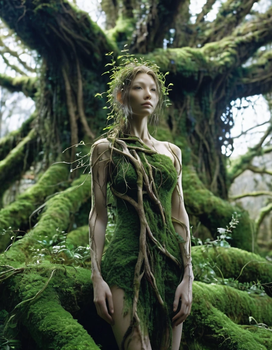 Bioengineered tree-human hybrid, looking at the viewer, entwined branches for hair, bark skin, foliage sprouting from the body, standing in overgrown ruins with moss and vines, ultra-realistic, high resolution, depth of field, aesthetic, product introduction photo.