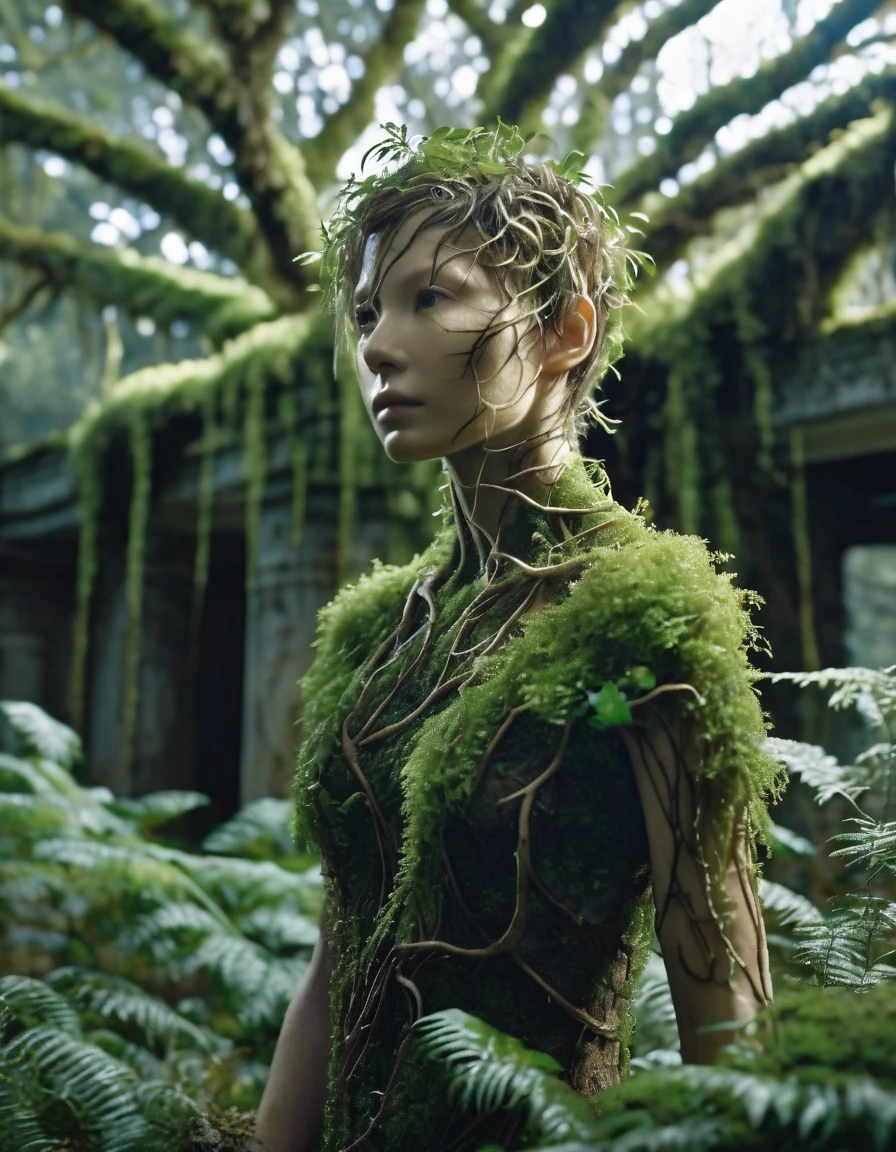 Bioengineered tree-human hybrid, looking at the viewer, entwined branches for hair, bark skin, foliage sprouting from the body, standing in overgrown ruins with moss and vines, ultra-realistic, high resolution, depth of field, aesthetic, product introduction photo.