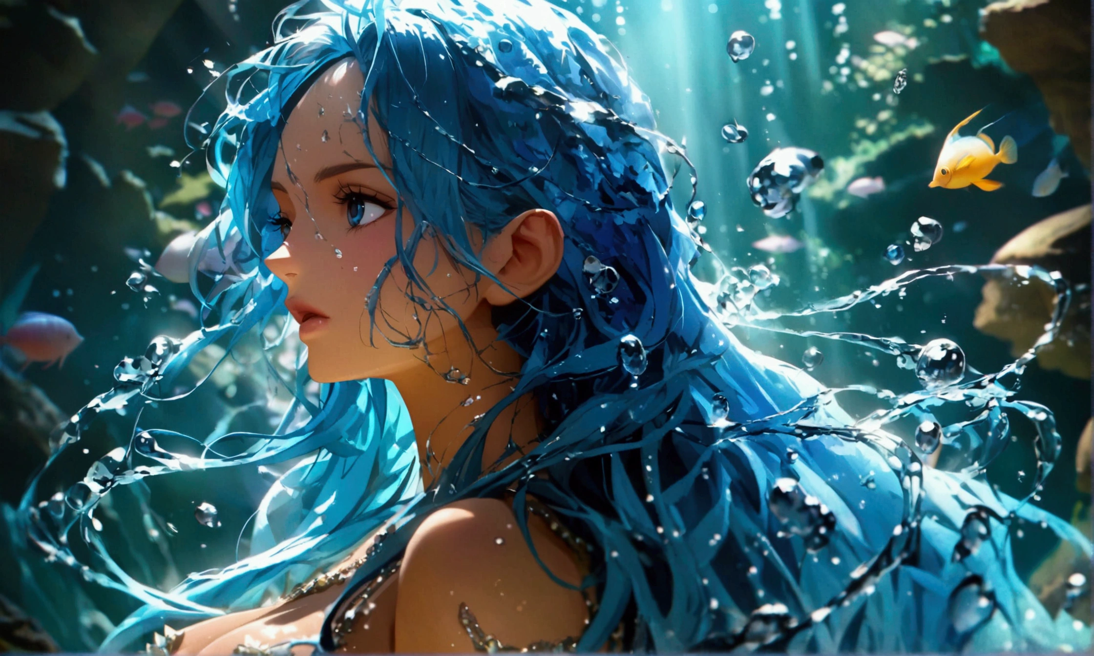 Mermaid, crystal blue long hair, shiny outfit, singing expression, seabed scenery, "One Piece-inspired anime character design, full of dramatic and stunning lighting, focus on the centralized character, stunning face, full of creative details, 4K ultra-fine design, scenery bathed in creativity, boasting 2D anime resolution clarity, HD anime graphics, high-octane rendering"